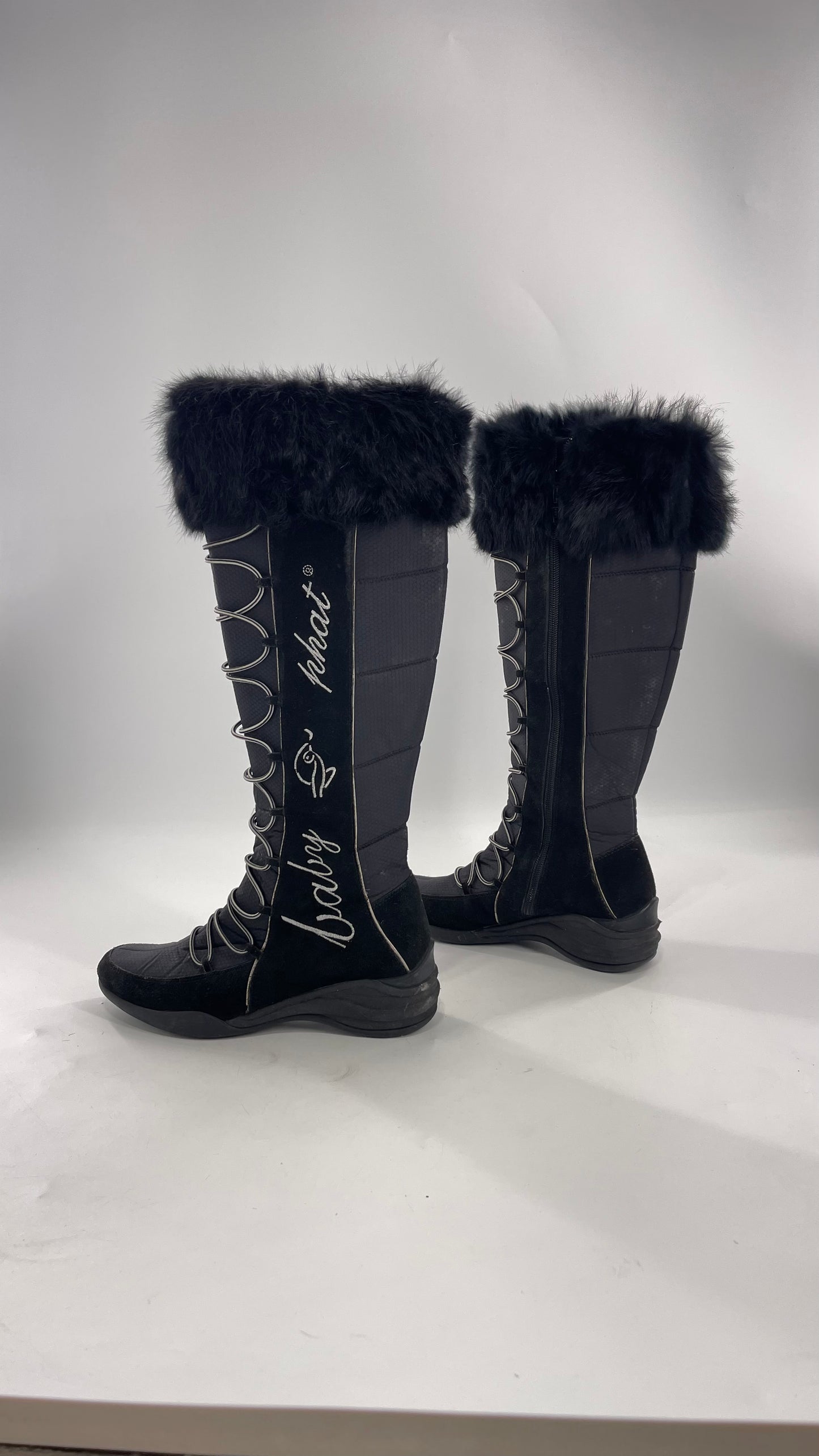 Baby Phat Black Knee High Boots with Rabbit Fur Trim, Bungee Cord Ties, and Embroidered Logo Design (8)
