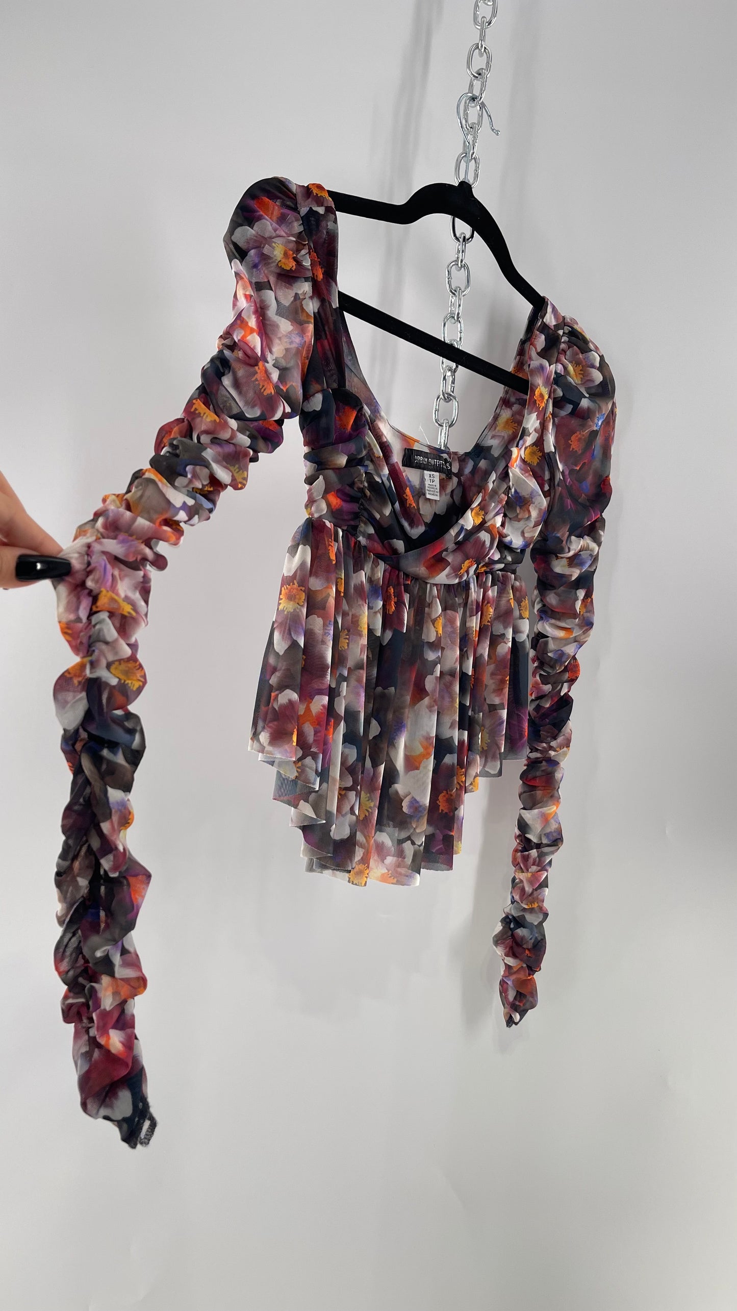 Urban Outfitters Psychedelic Floral Mesh Cropped Blouse with Ruched Sleeves and Pleated Hem (XS)