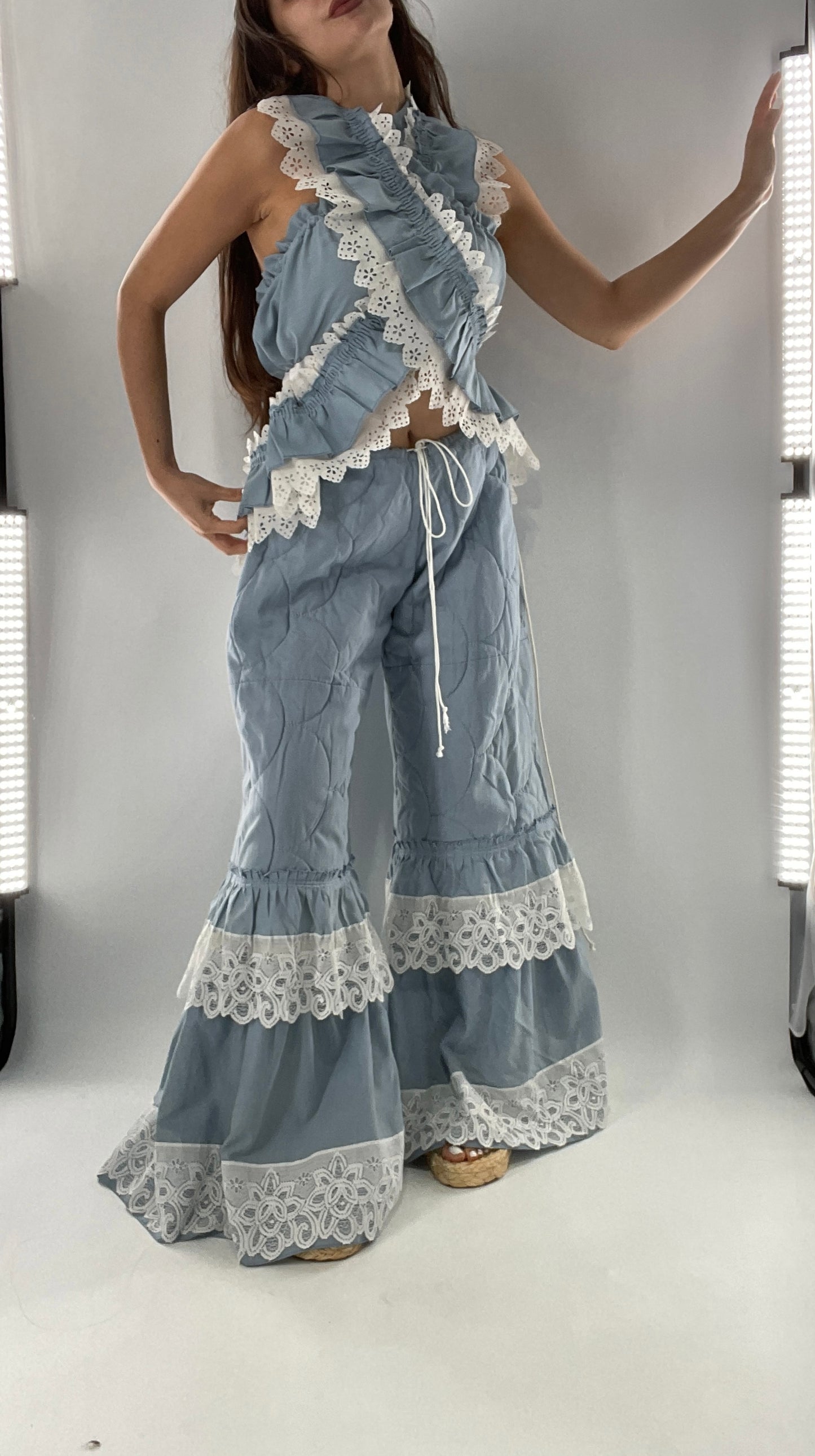 Vintage 2 Piece Powder Blue Set Featuring 2Way Blouse and Quilted Trousers Covered in Ruffles, Lace and Trim (One Size)