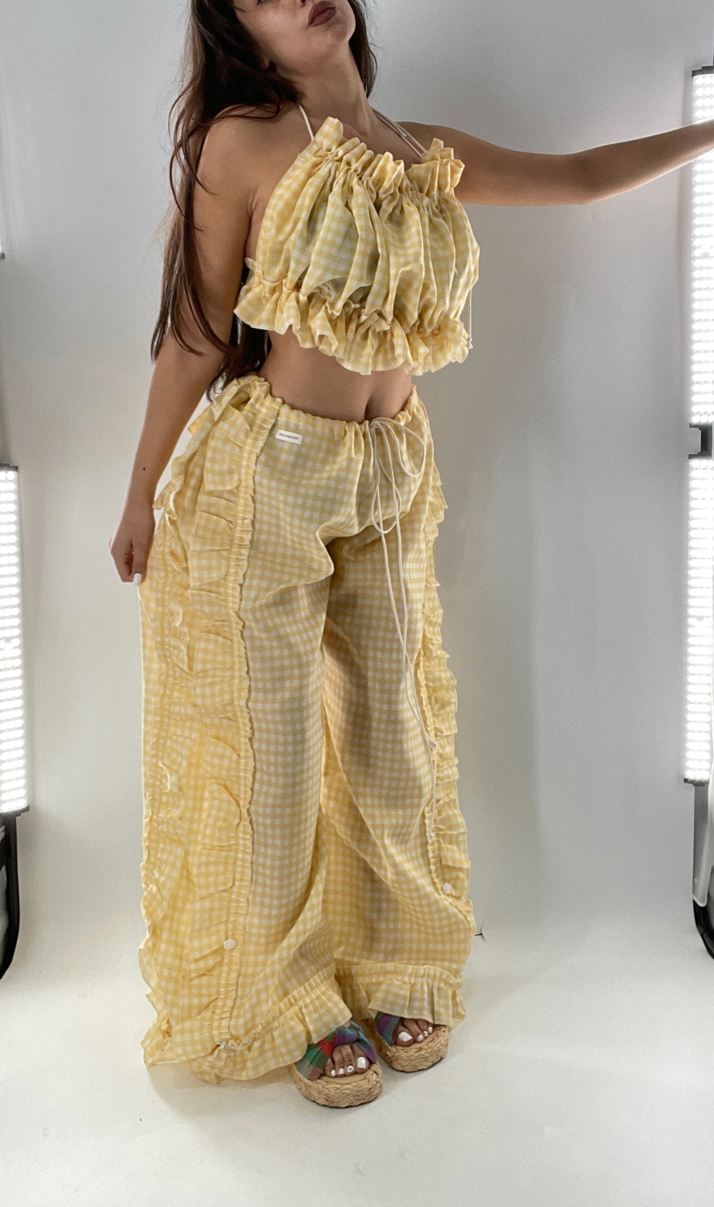 Vintage 2 Piece Yellow Checkered/Gingham Patterned Picnic Set with Ruched Bust Top and Ruffle Side Wide Legs with Adjustable Length, Strap Up Buttons on Hem (One Size)