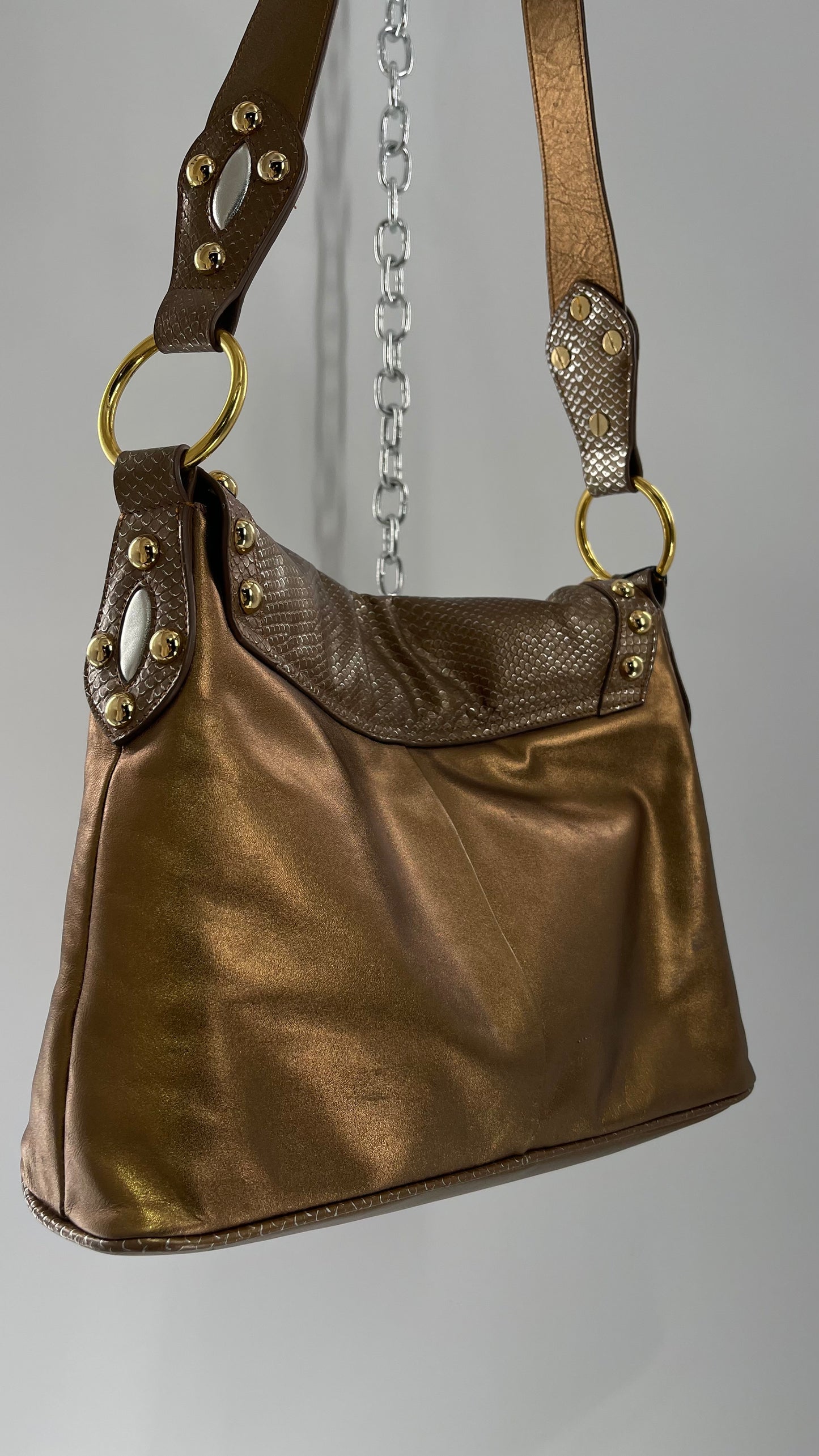 Deadstock Vintage The Find Grandeur Bronze Bag with Grommets, Gemstones, Studs and Exaggerated Buckle