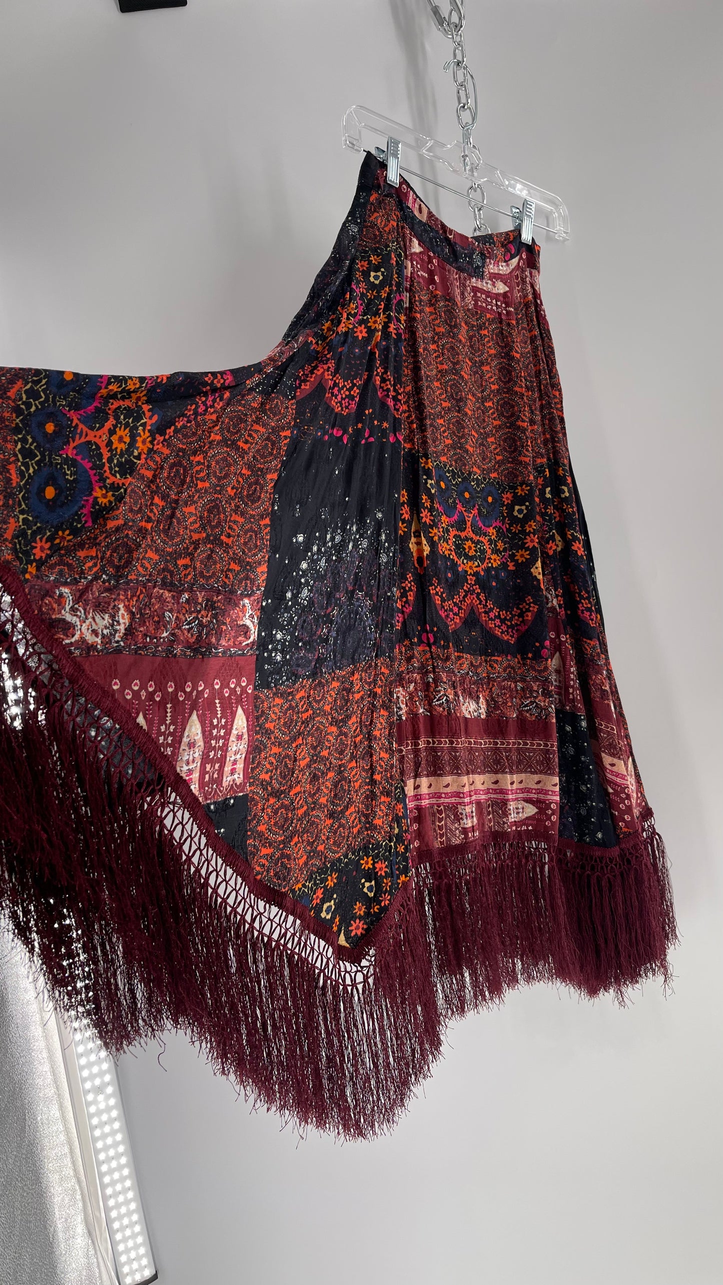 Free People Burgundy Satin Patchwork Patterned Fringe Full Length Skirt with Embossed Symbols and Side Slit Tags Attached (0)