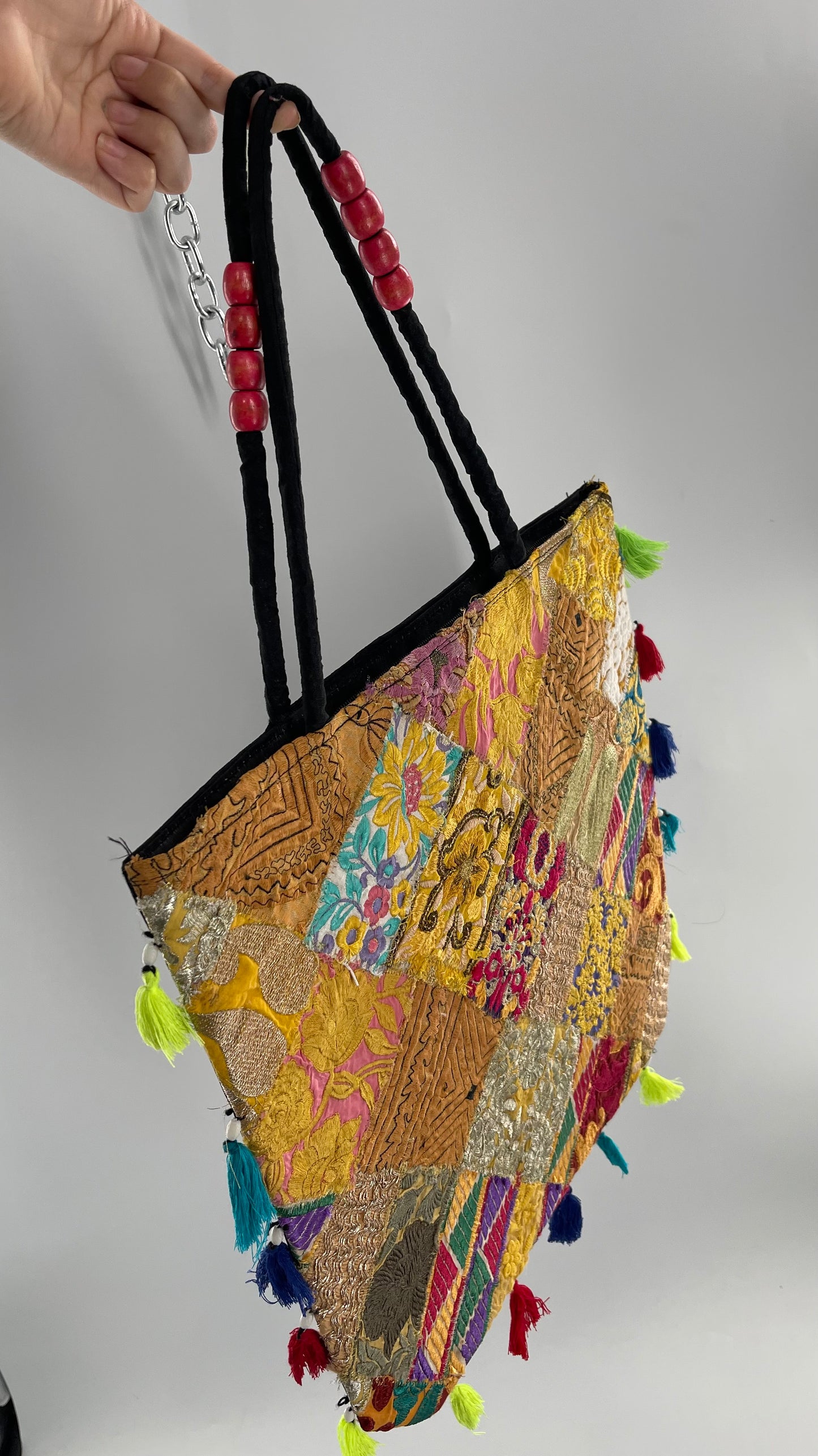 Imported Golden Yellow Patchwork Tote from Brazil with Tassel Detailing