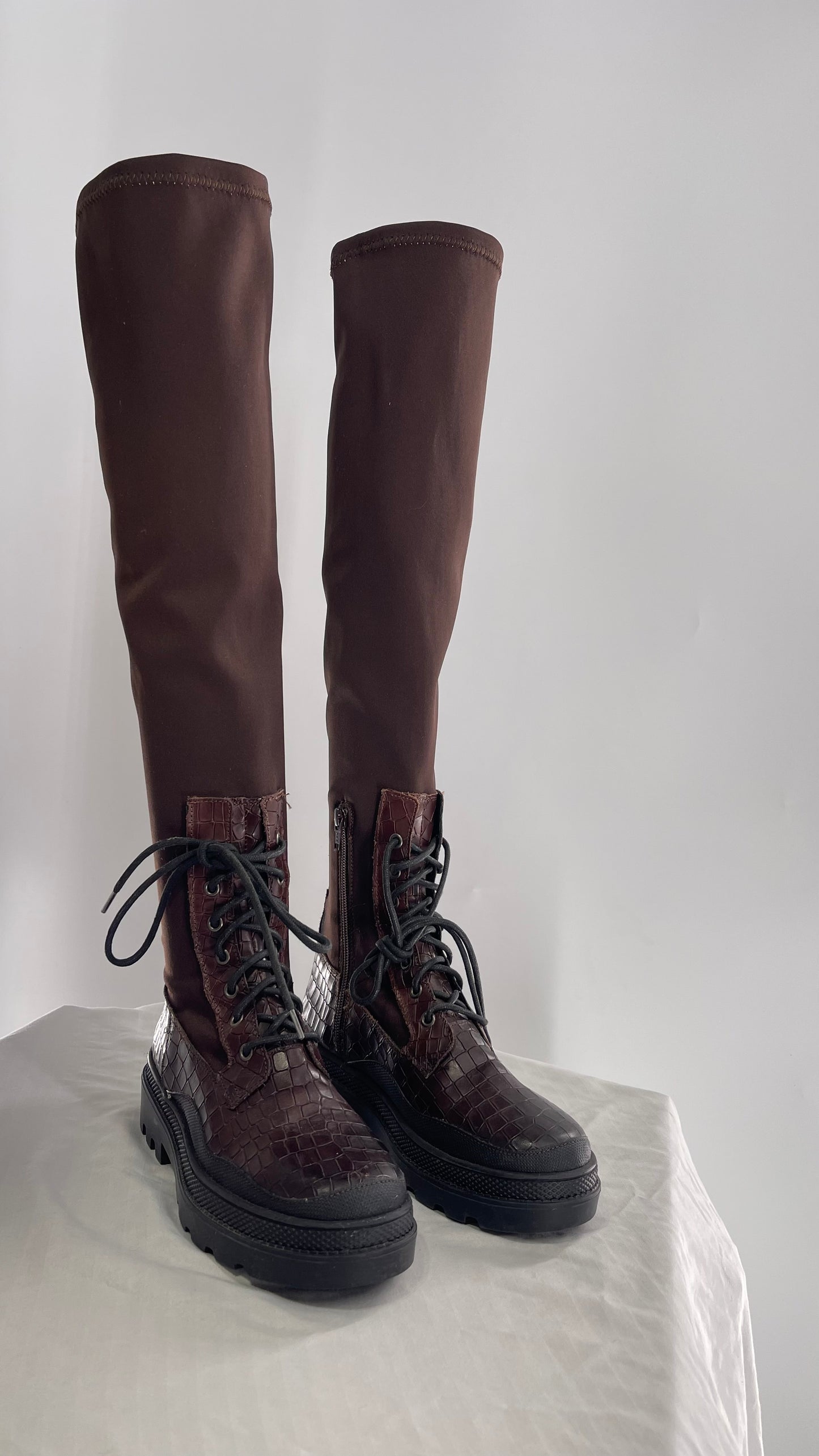 Free People Dark Brown Riding Style Embossed Knee High Platform Boots (37)