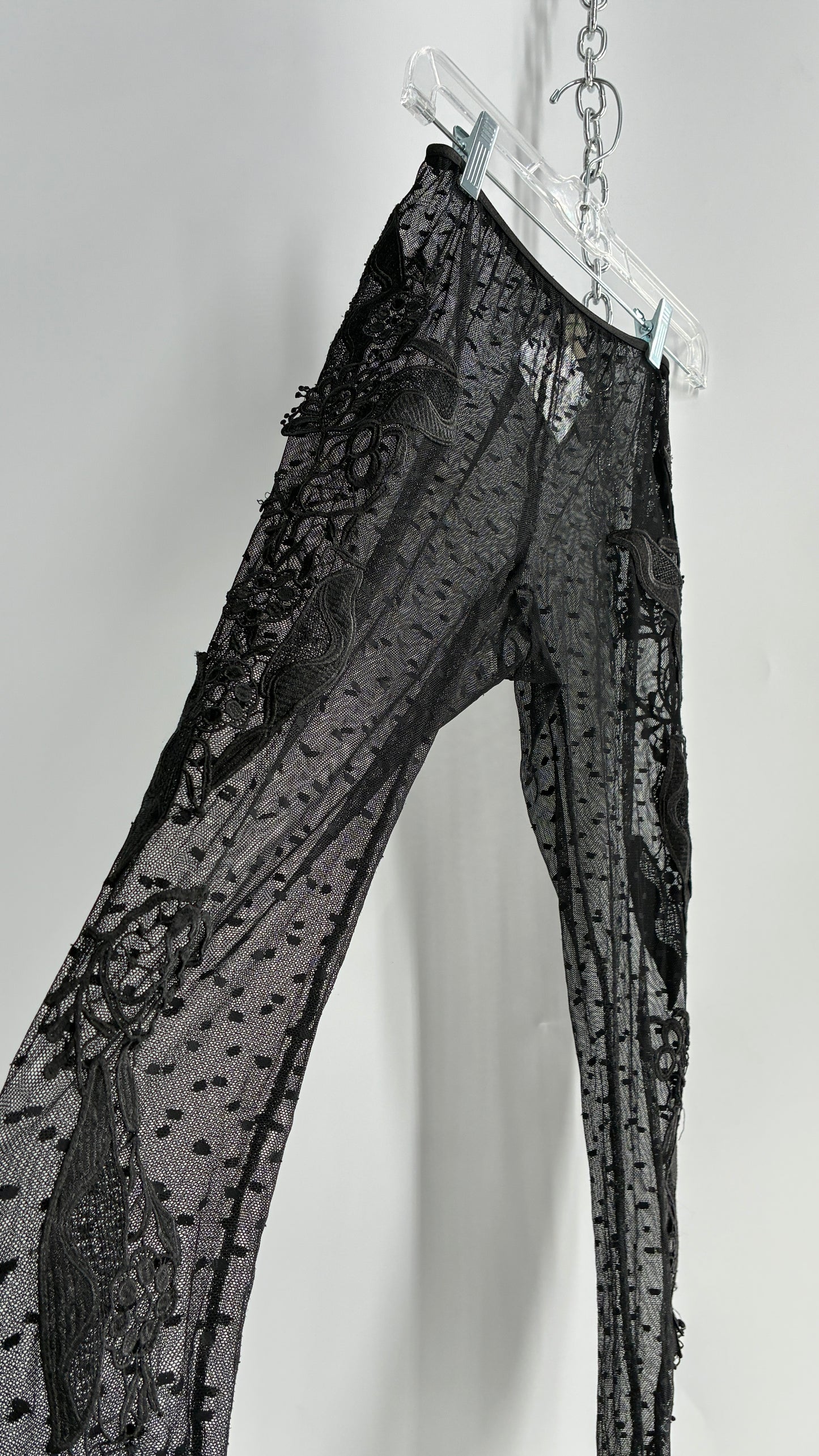 Staring at Stars Black Sheer Footless Tights with Lace Appliqué Design on Both Legs (XS)