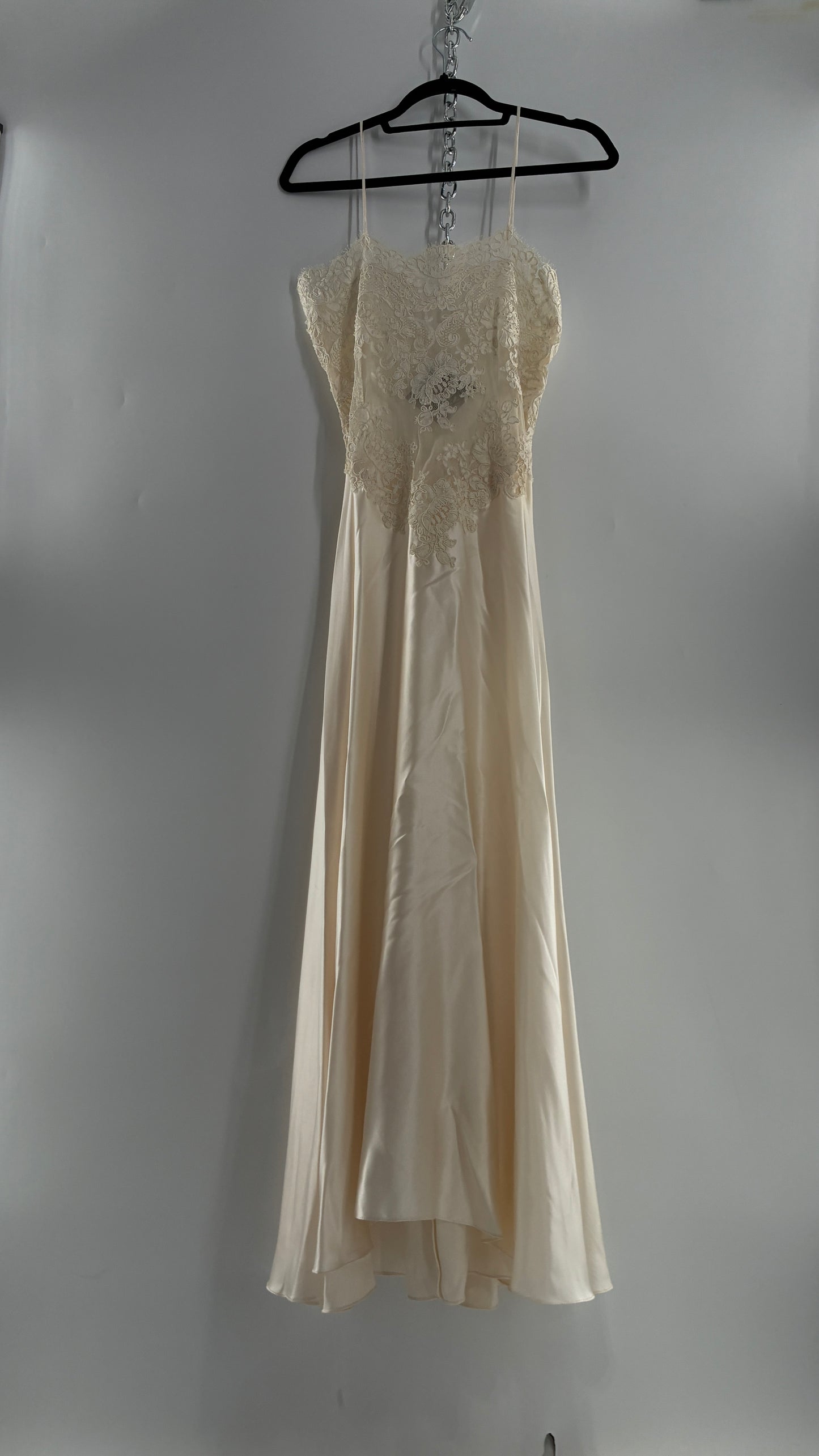 Vintage JONQUIL 100% Silk Gown with Heavy Lace Appliqués and Low Cut Sheer Back (Medium)