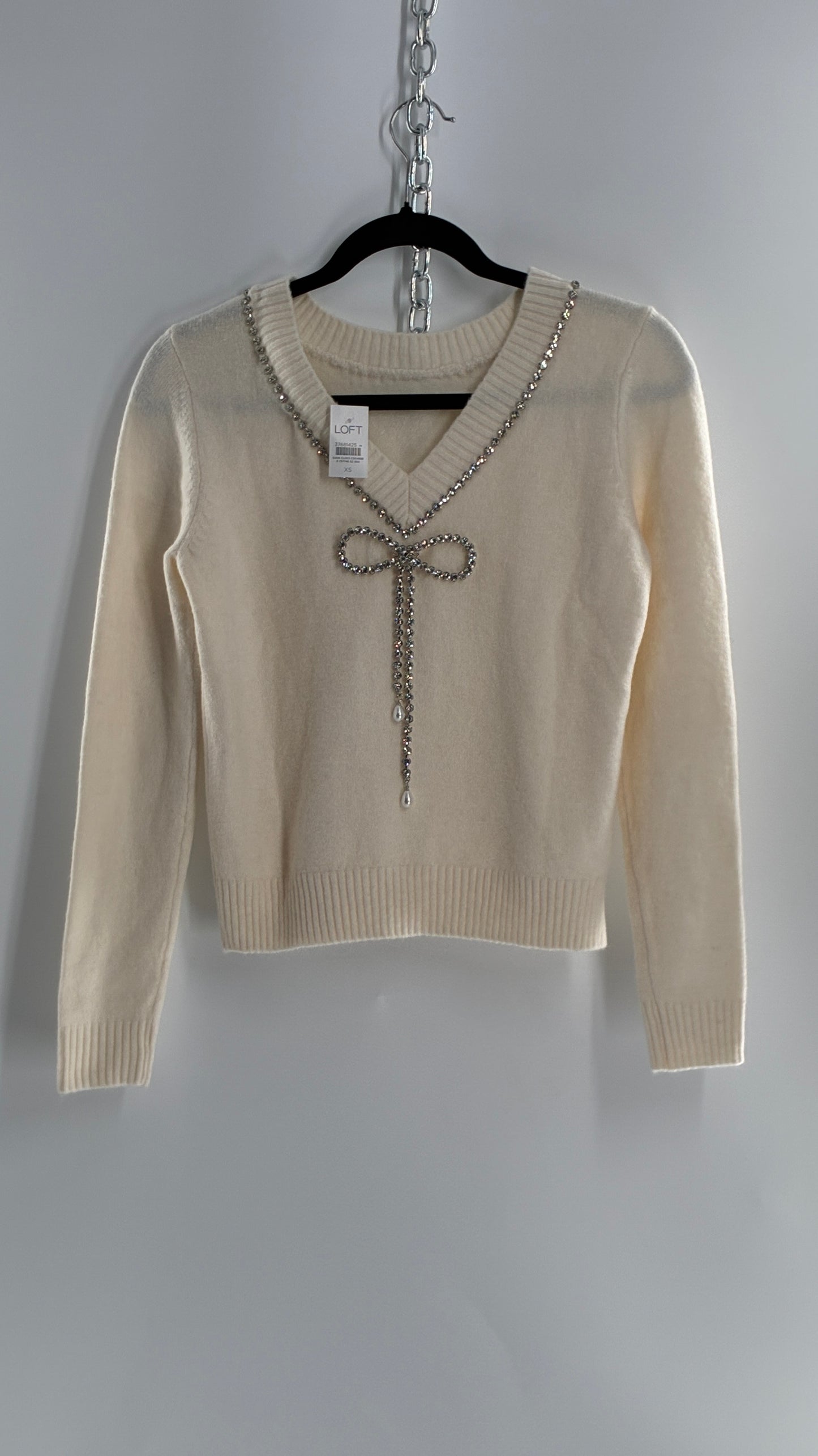 LOFT Cream Reversible Sweater with Rhinestone and Pearl Bow Detail + Tags Attached (XS)