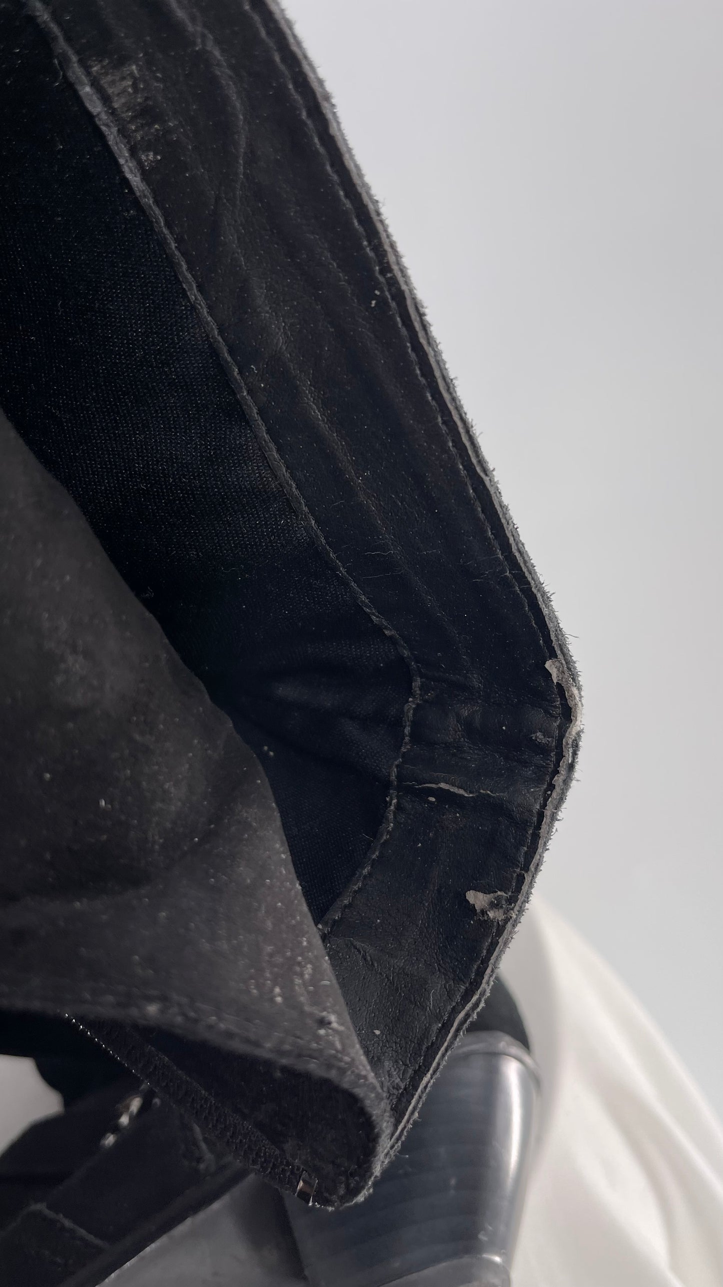 Vintage Black Suede Cowboy Boots with Buckle and Zip Up, Rhinestone Studded Details (8.5)