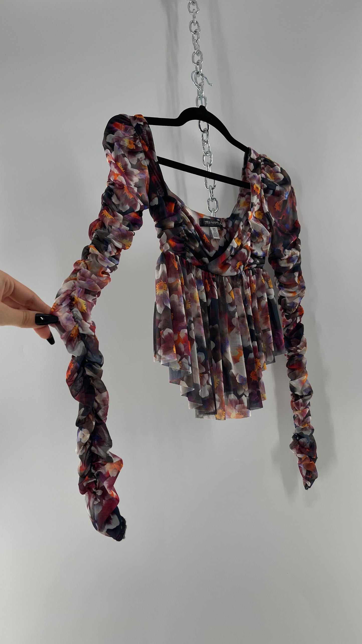 Urban Outfitters Psychedelic Floral Mesh Cropped Blouse with Ruched Sleeves and Pleated Hem (XS)