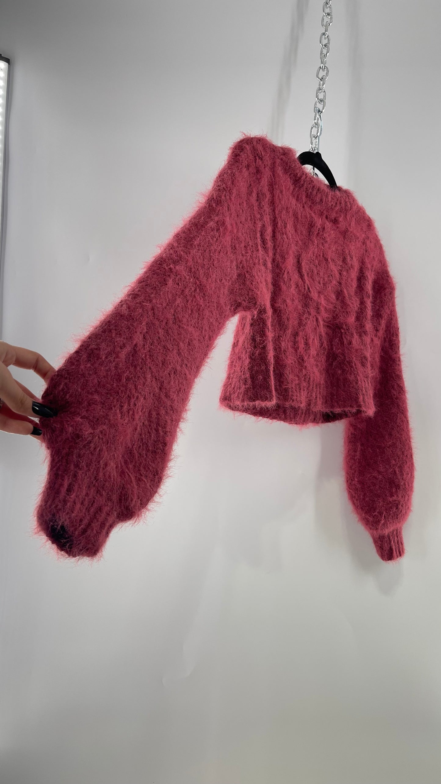 Urban Outfitters Mauve Pink Fuzzy Cropped Sweater with Bubble Sleeves (XS)
