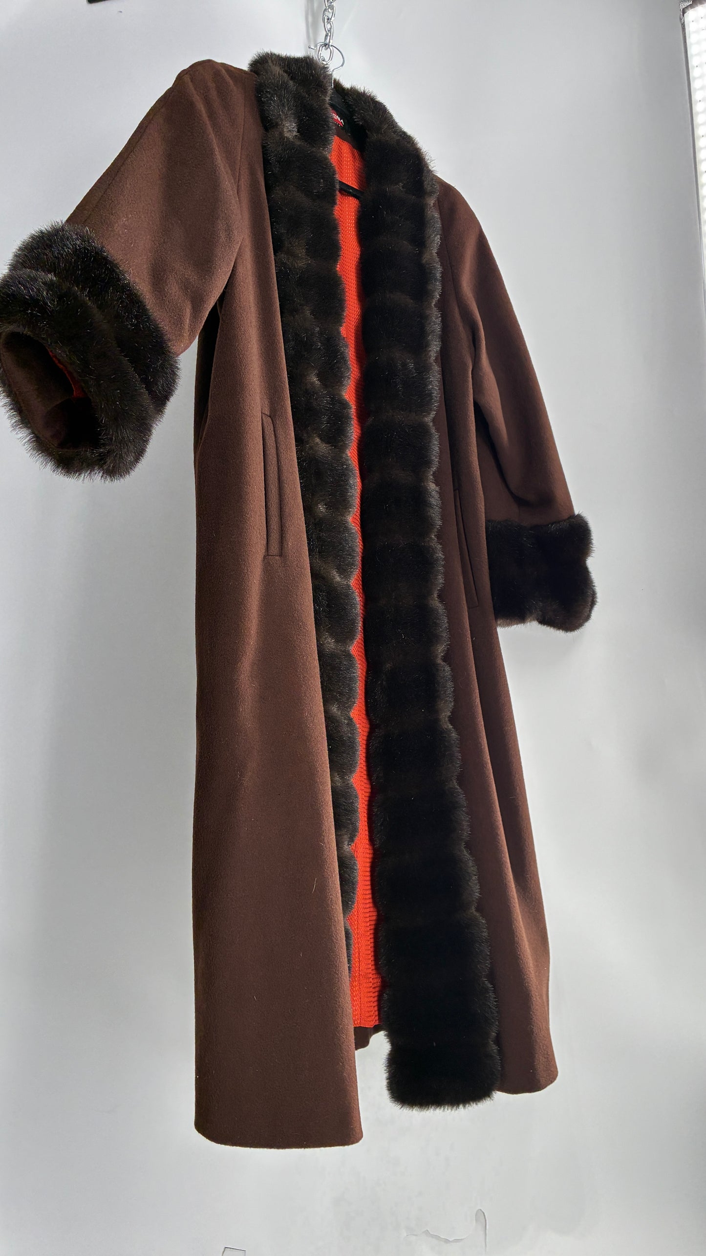 Vintage ALORNA Brown 75% Wool Duster, Full Length Coat with Vegan Fur Pom Pom Trim (12)