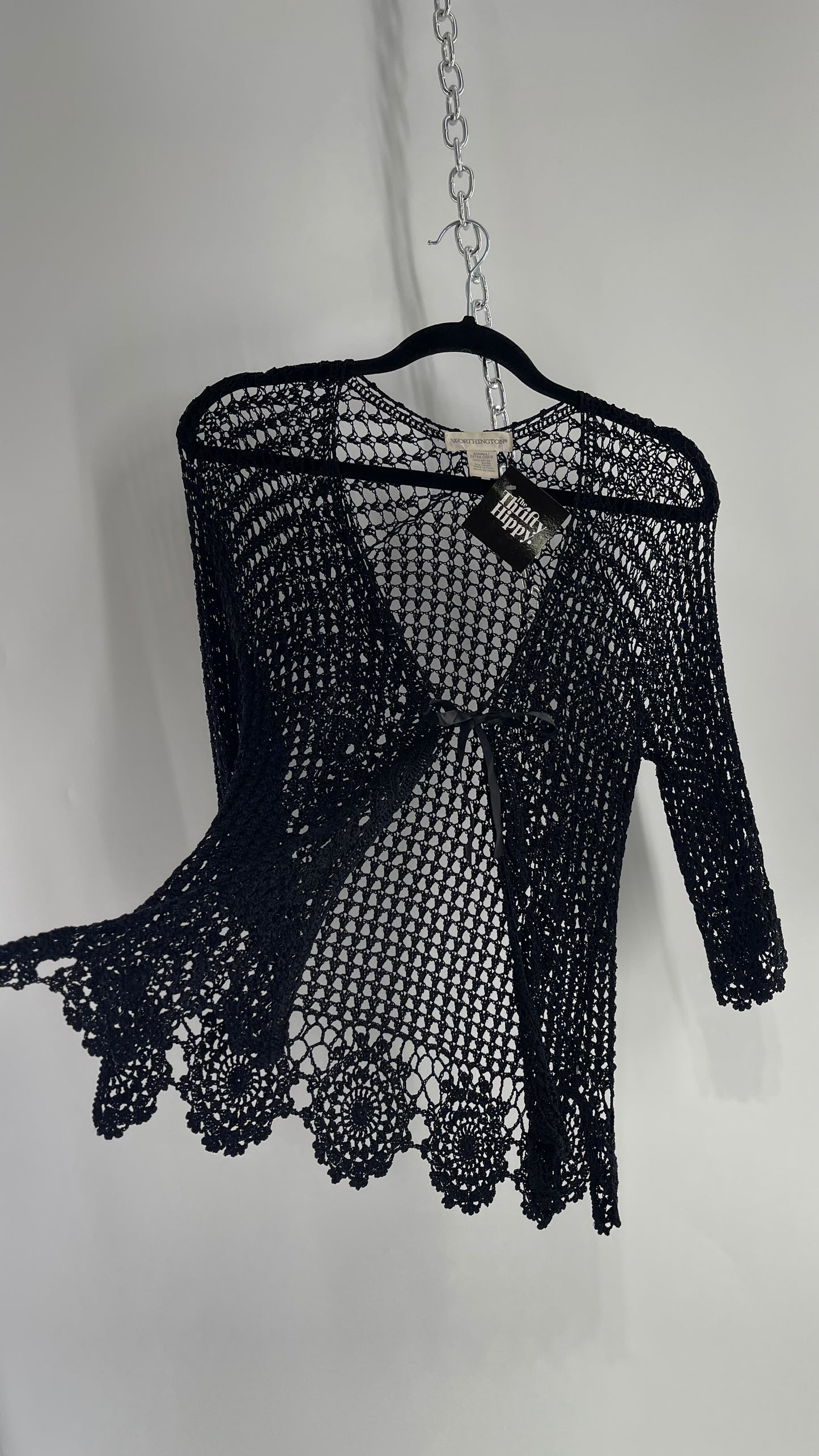 Vintage Black Crochet Slinky Top with Ribbon Bust Tie (XS)