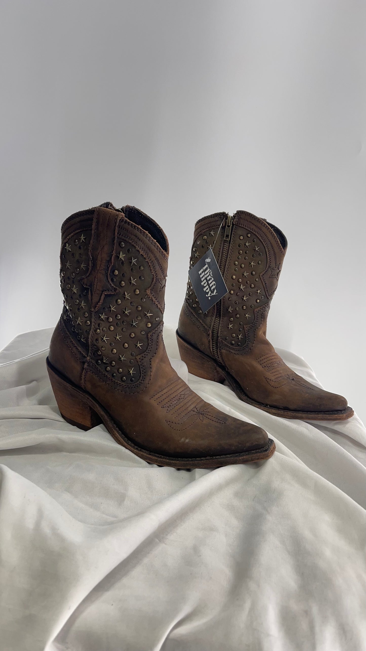 LIBERTY BLACK Handmade in Mexico Leather Cowboy Boots with Star Studs (7.5)