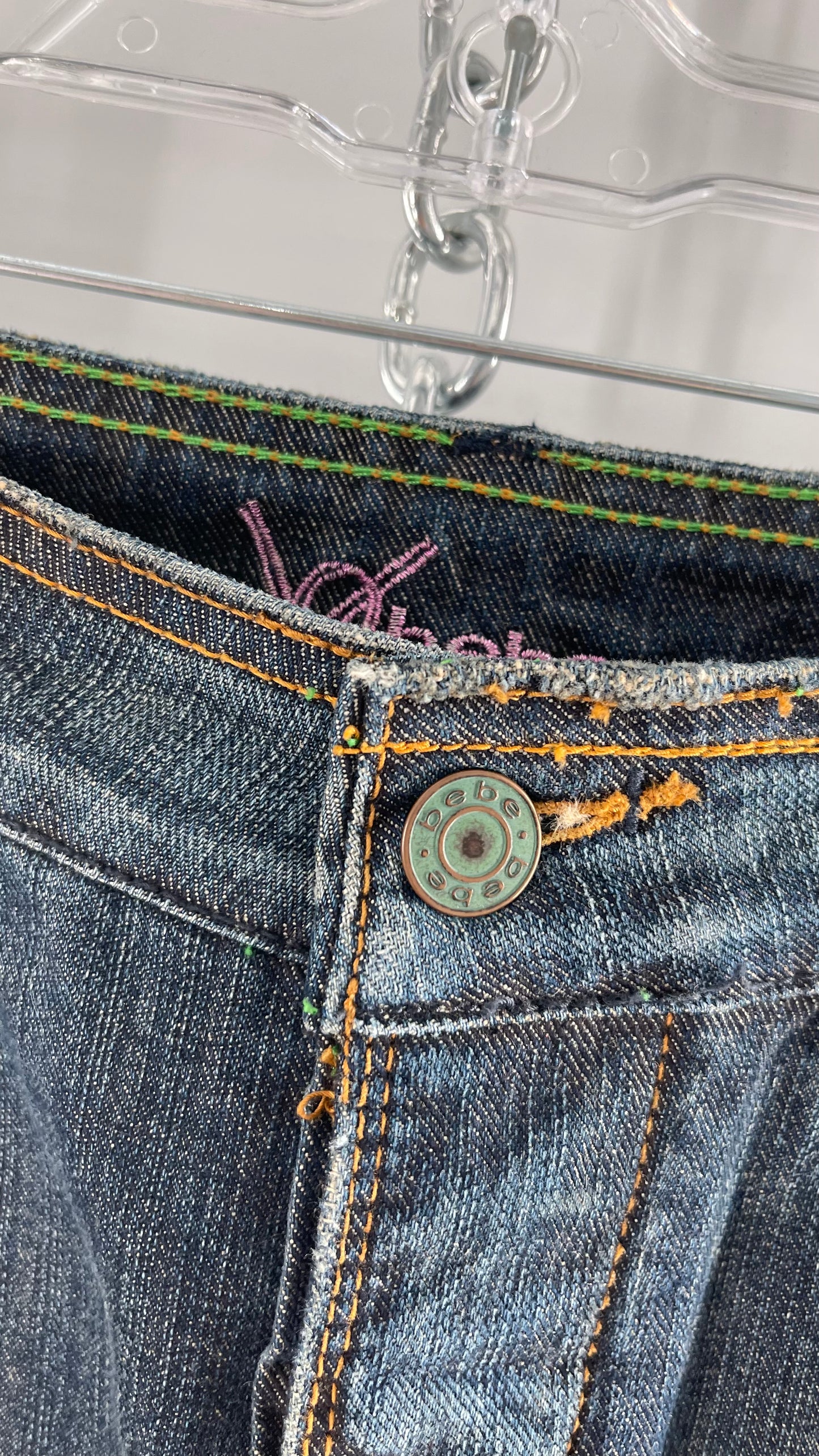 Vintage Stonewash Bebe Denim Long Skirt with Raw Edge Hem and Beaded Back Pocket Detail (27)