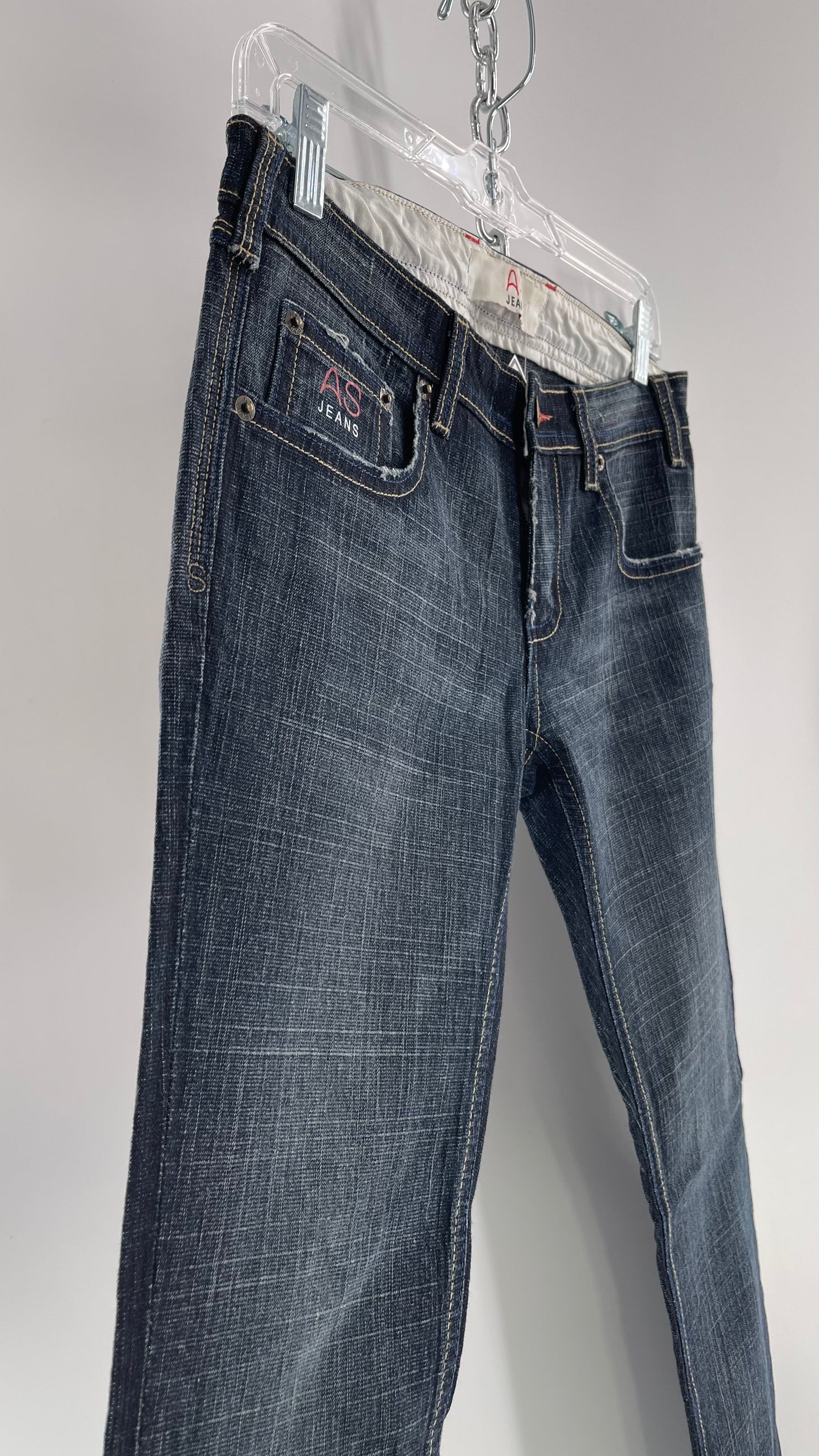 Vintage Smart AS JEANS Dark Wash with Grain and Embroidered/Embellished Kiss Rock Logo (28)