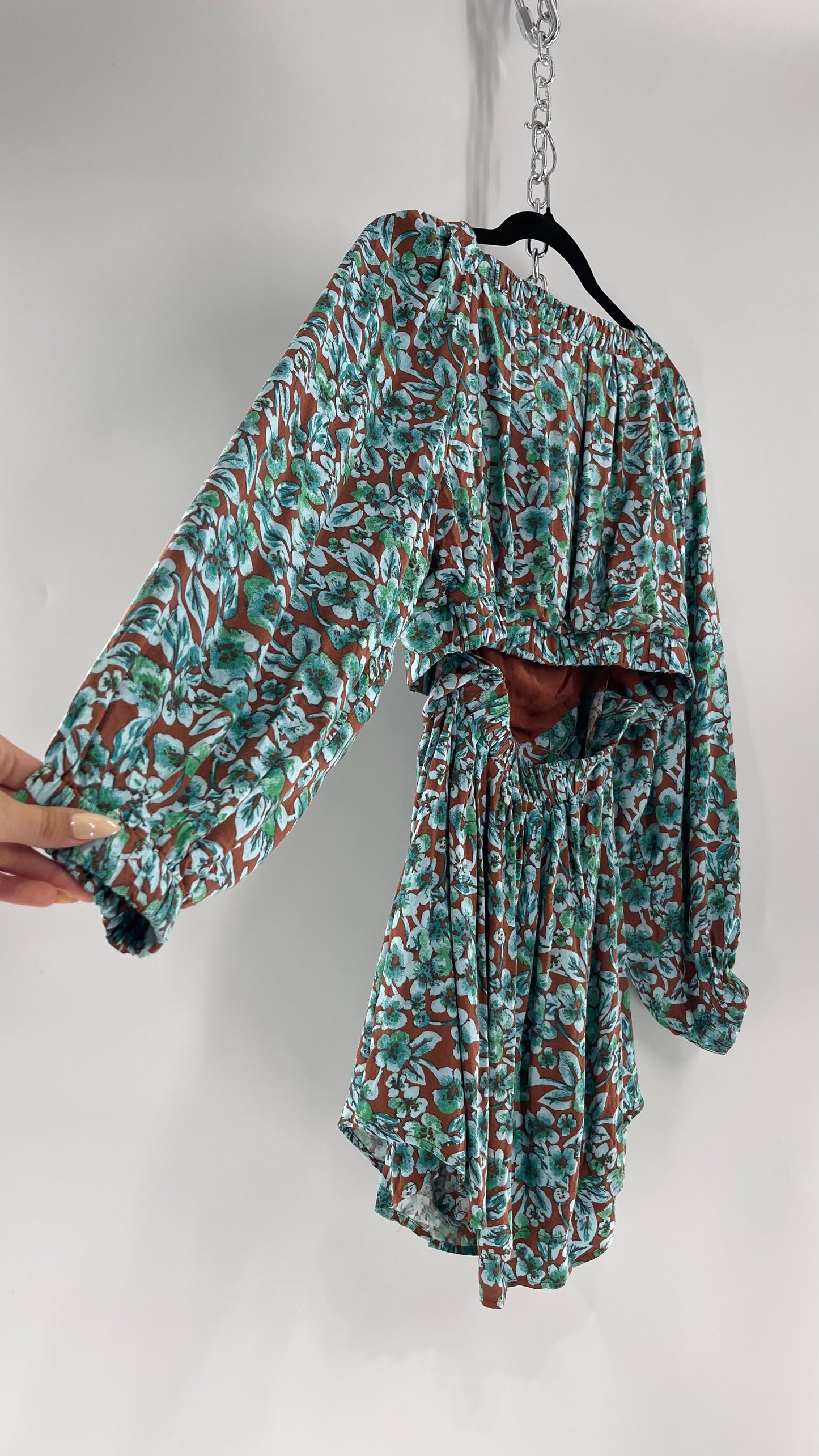Free People Brown Cut Out Milkmaid Mini with Blue Florals (Medium)