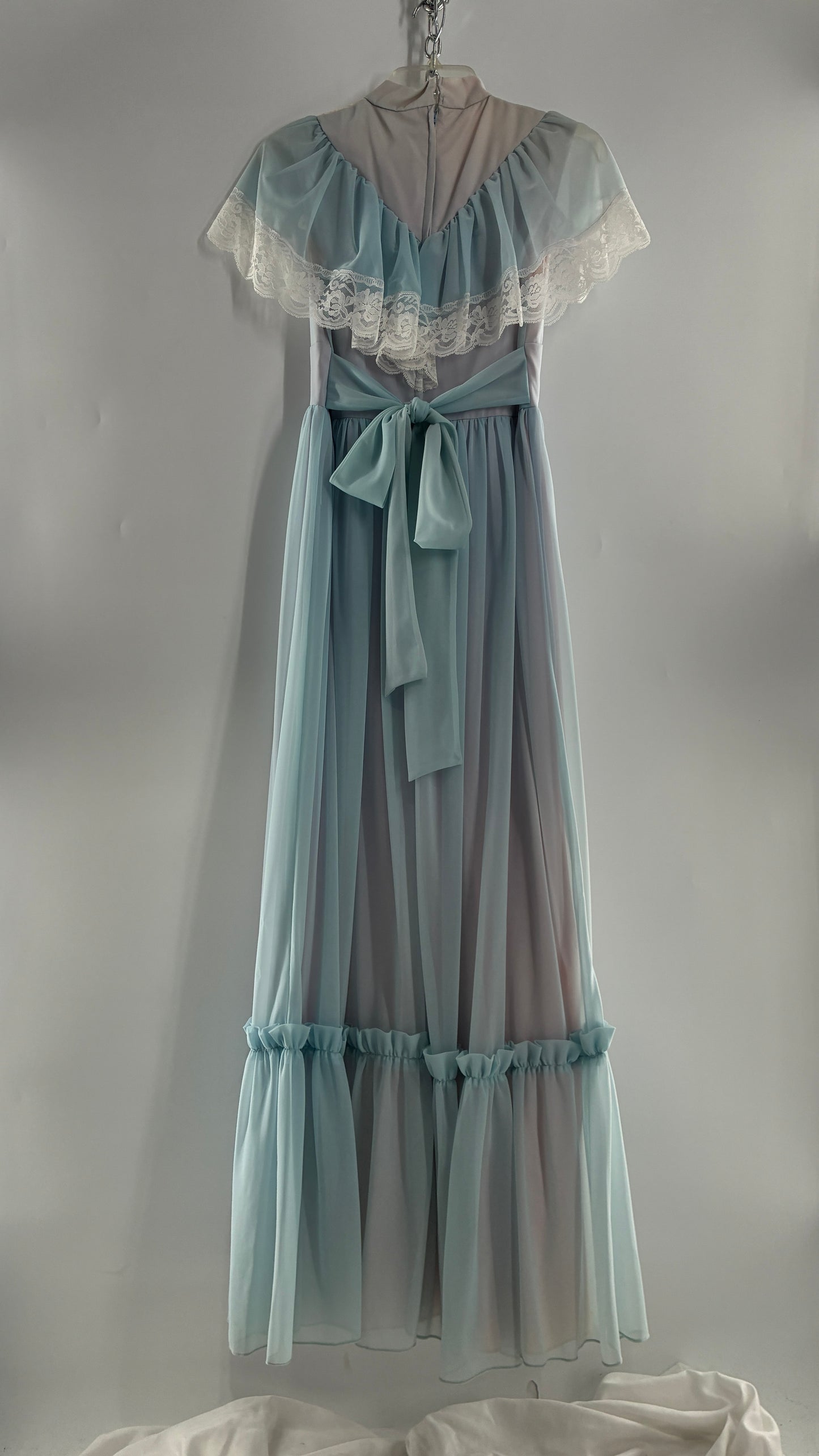 Vintage Handmade 1960s Powder Blue Overlay, Lilac Underlay Gown, Prairie Wedding Dress