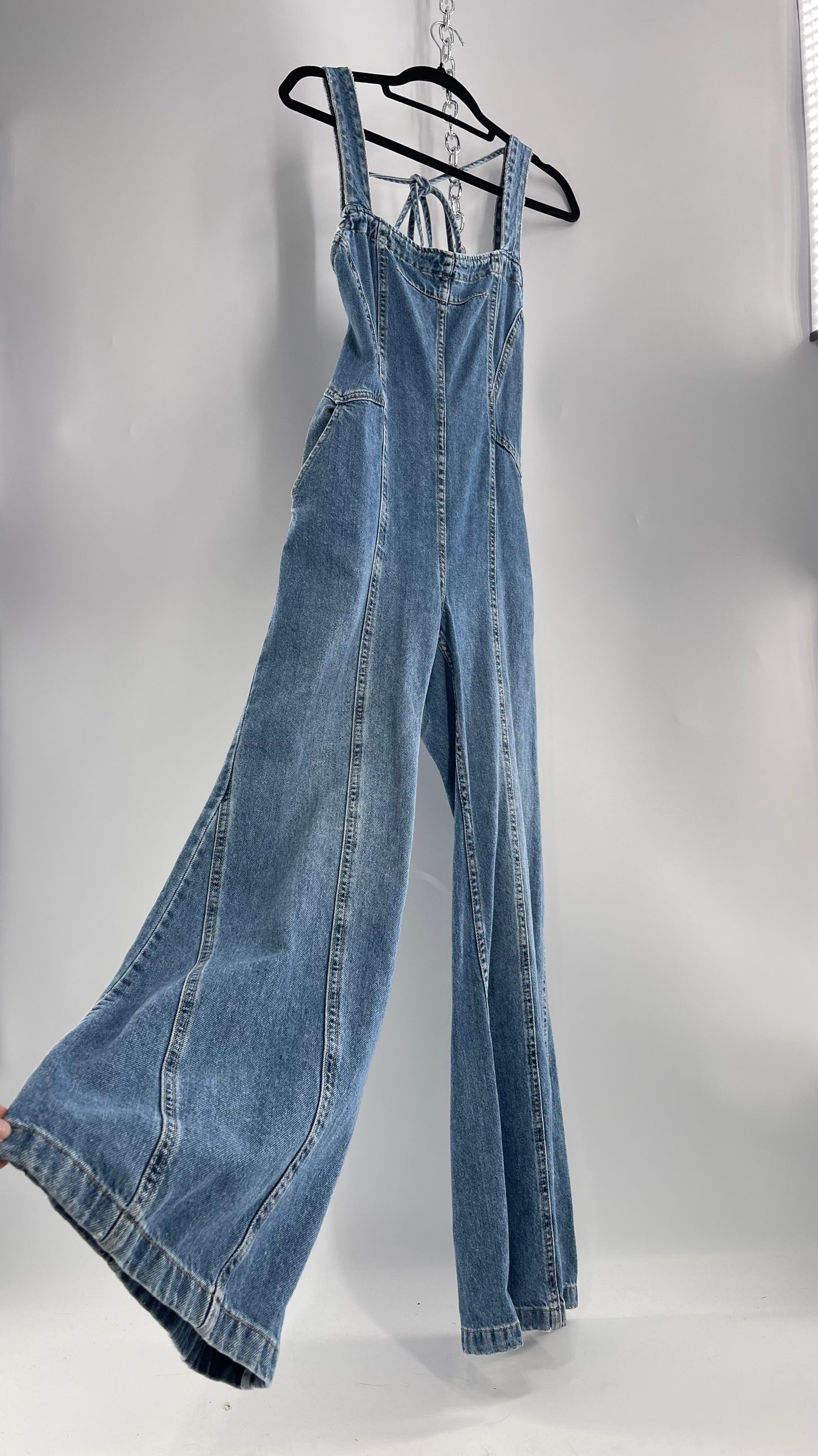 Free People Denim Backless Wide Leg Jumpsuit with Tags Attached (Small)