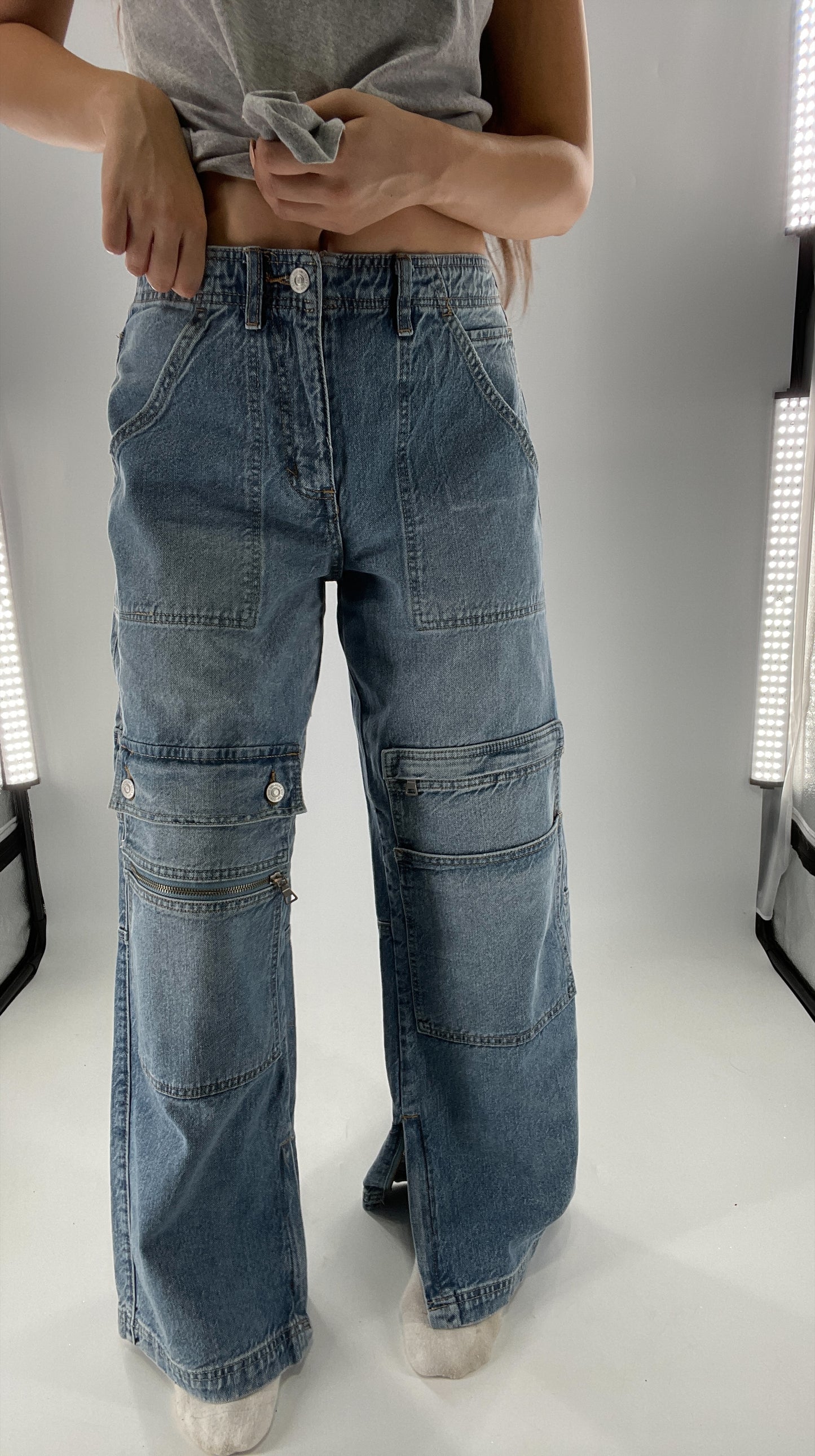 Free People Wide Leg Cargo Jeans Covered in Pockets, Zippers and stitching (27)