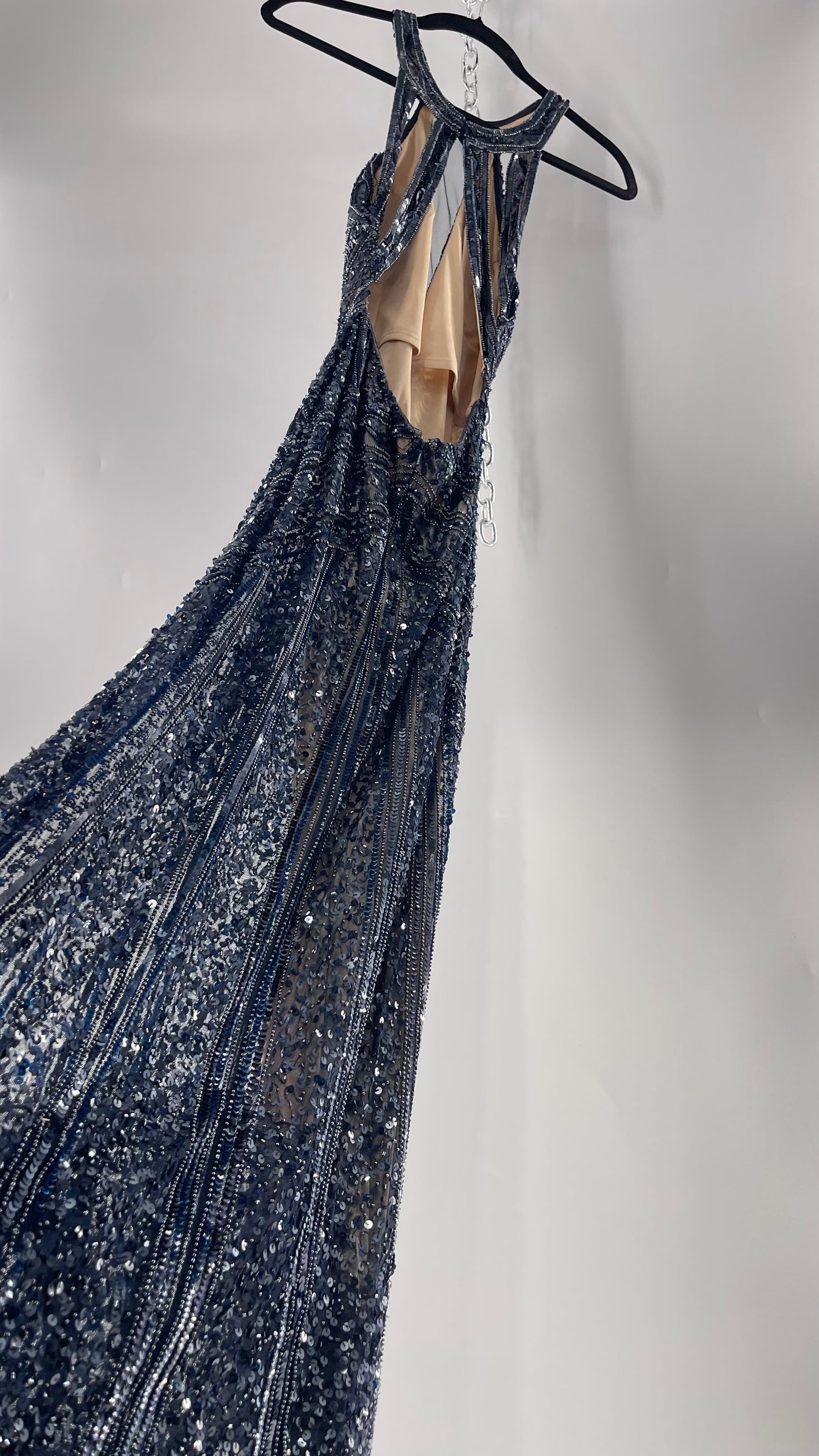 Vintage SCALA Navy Blue Beaded Floor Length Gown with Plunging Neckline, Backless Detail, and Tan Underlay (C)(4)