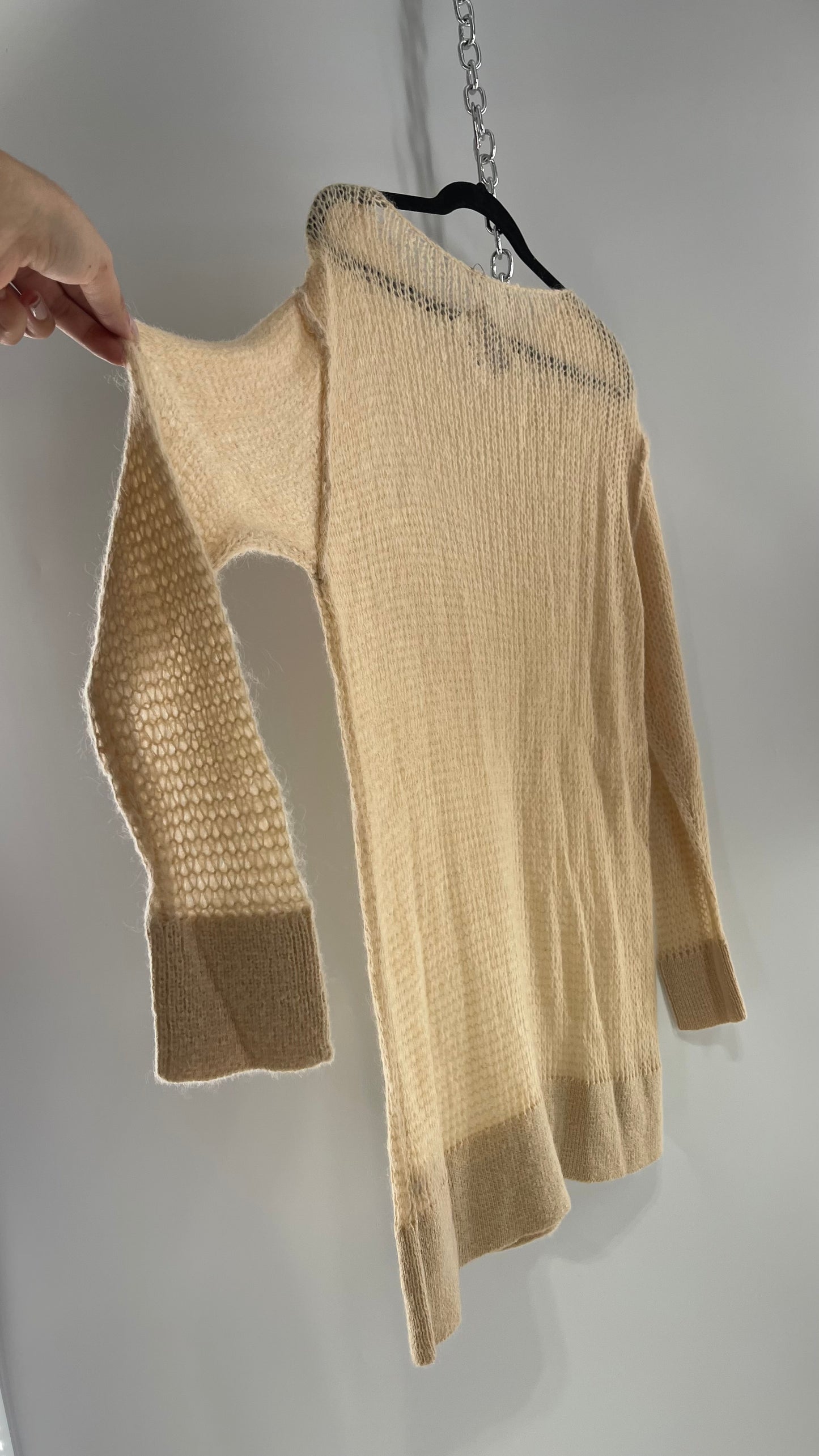 Free People Tan/Light Apricot Open Knit 27% Mohair Sweater (Medium)