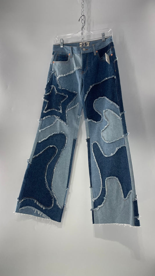 Free People Multi Denim Toned Wavy Patched Jeans (25) ***WITH TAGS***