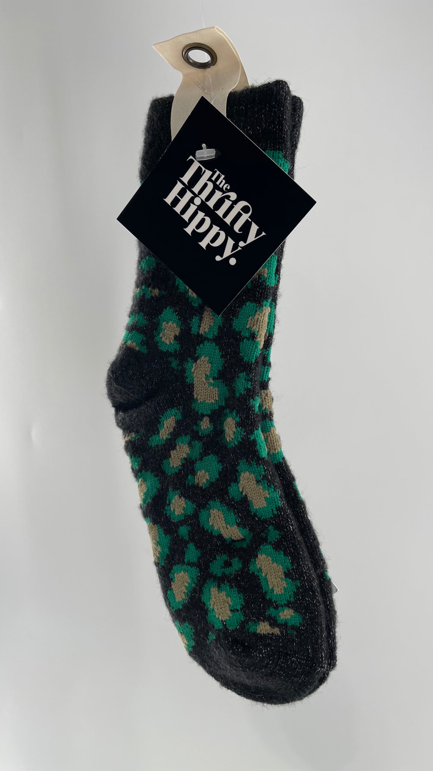 Free People Dark Grey Socks with Green Leopard Pattern