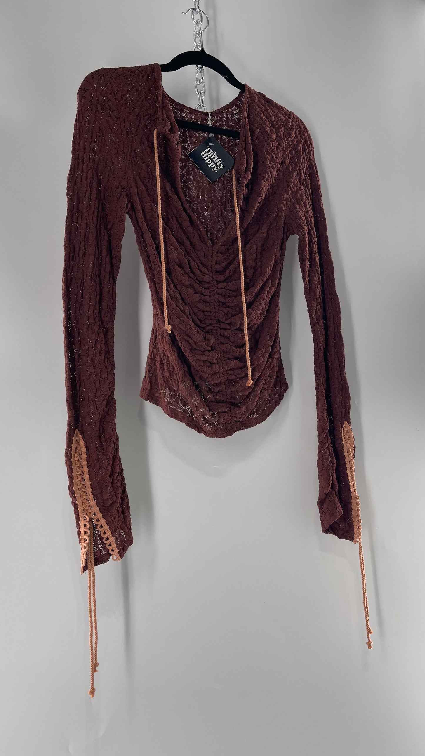 Free People Burgundy Lace Long Sleeve with Pink Lace Up Sleeve Detail (Medium)