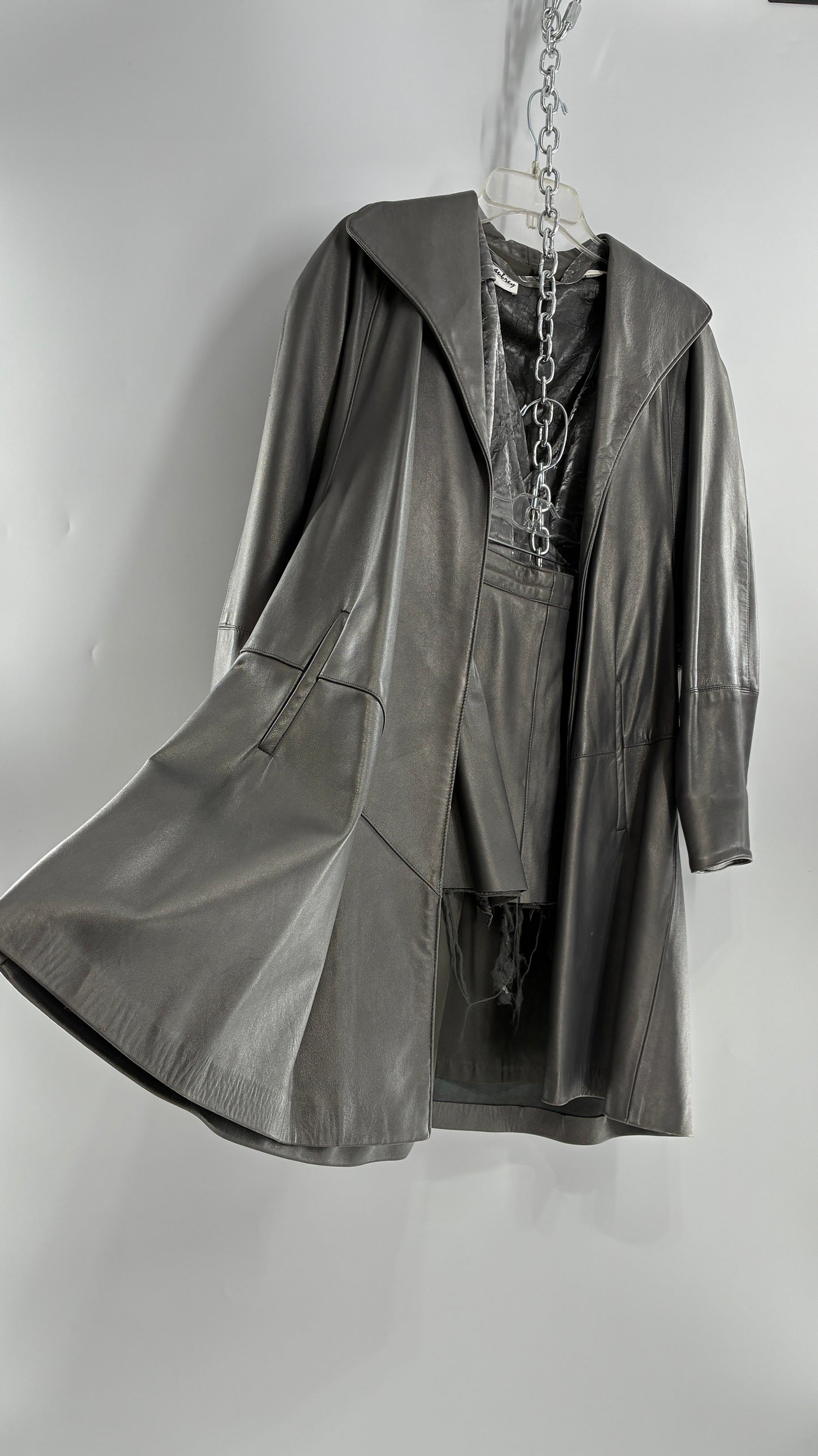 Vintage 1980s JUST PIERRE 3pc Metallic Silver Leather Trench Coat, Micro Mini Skirt and Sheer Blouse Set (S/M)