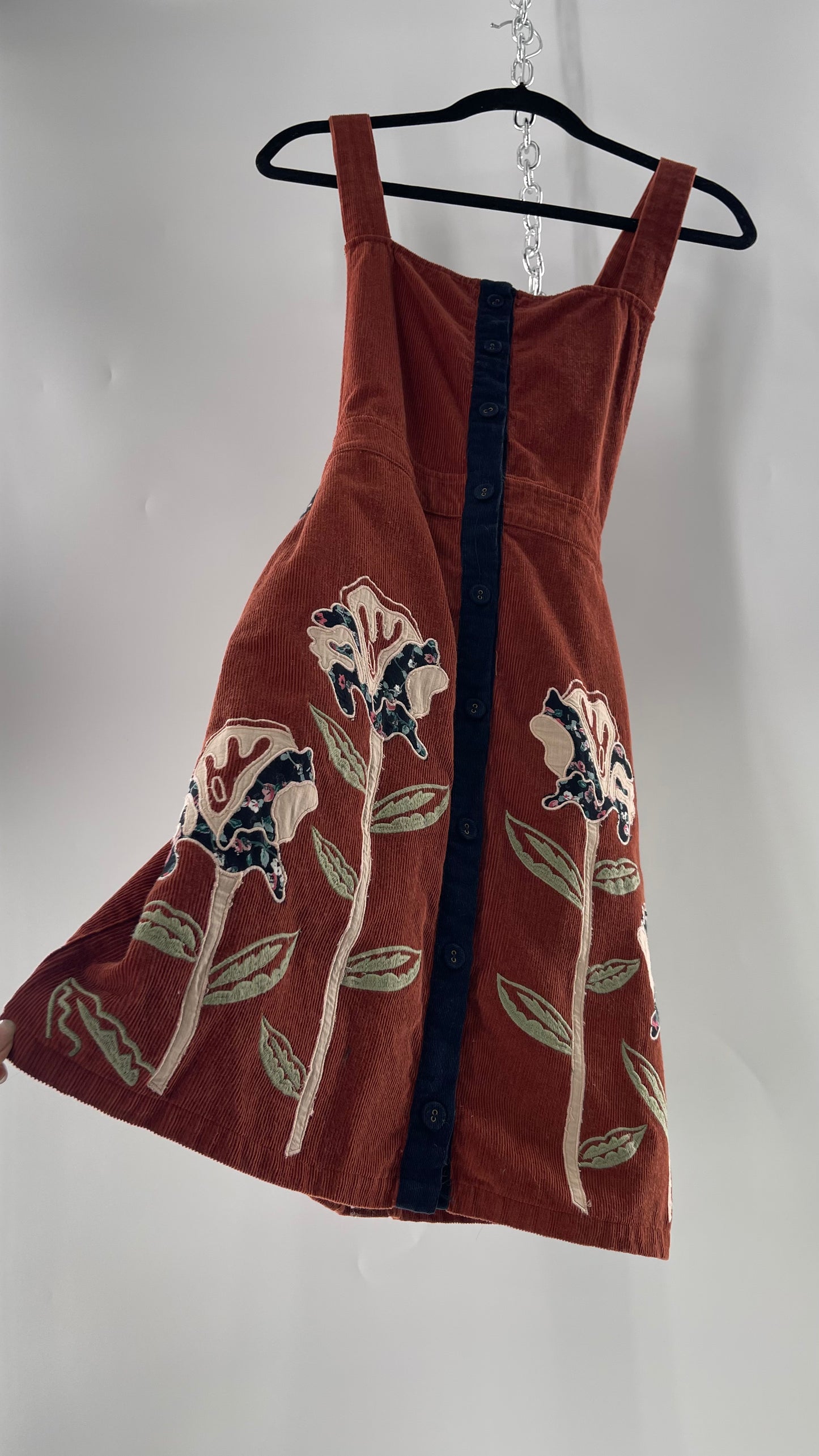 Seen. Worn. Kept. Anthropologie Terracotta Burnt Orange Corduroy Overall Dress with Embroidered Flower Details (S)