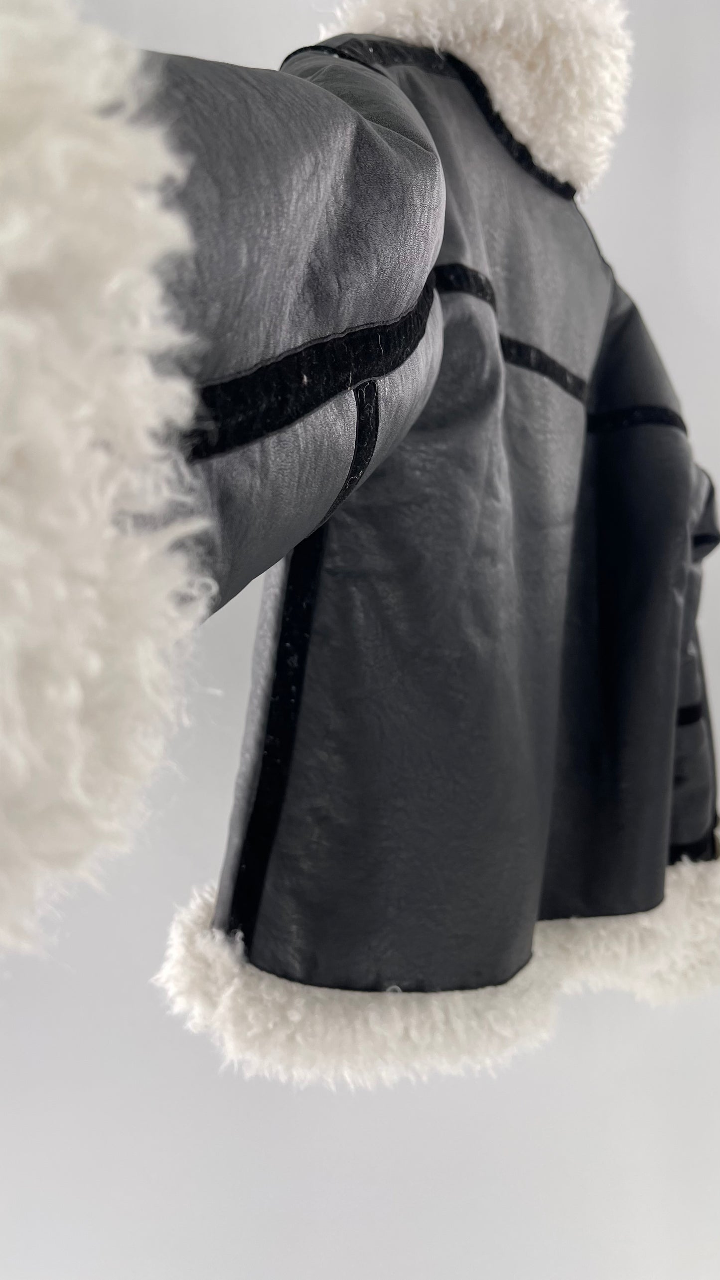 LIONESS Phoenix Jacket Black Faux Leather White Fur Trim (Large)