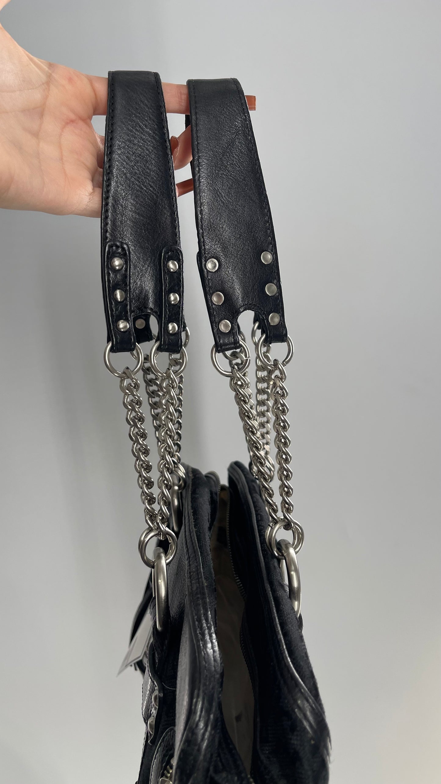 Vintage DKNY 1990s Black All Over Logo Bag with Leather and Chain Details