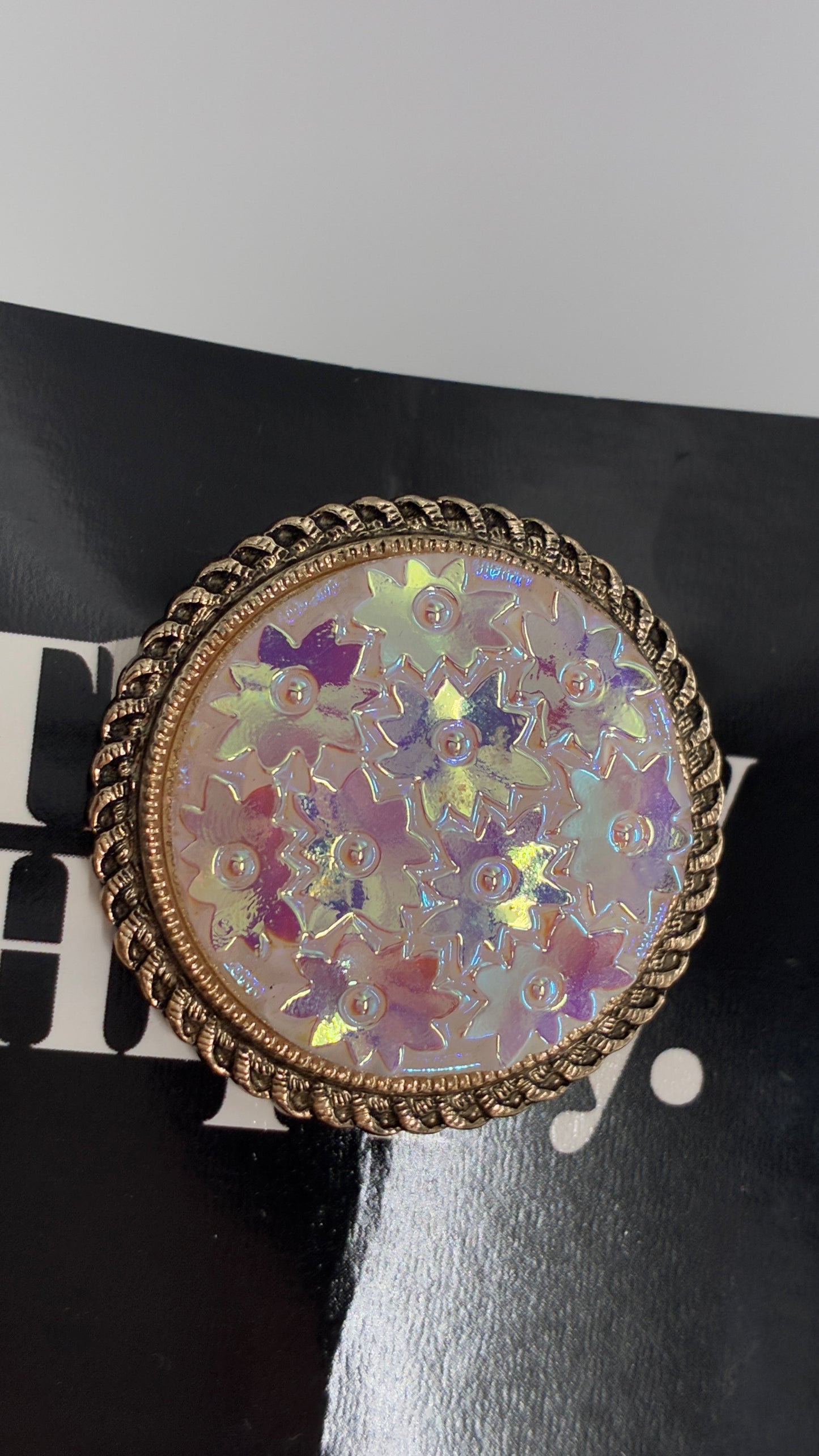 Vintage Scarf Ring Loop with Gold Metal Border and Iridescent Flowers