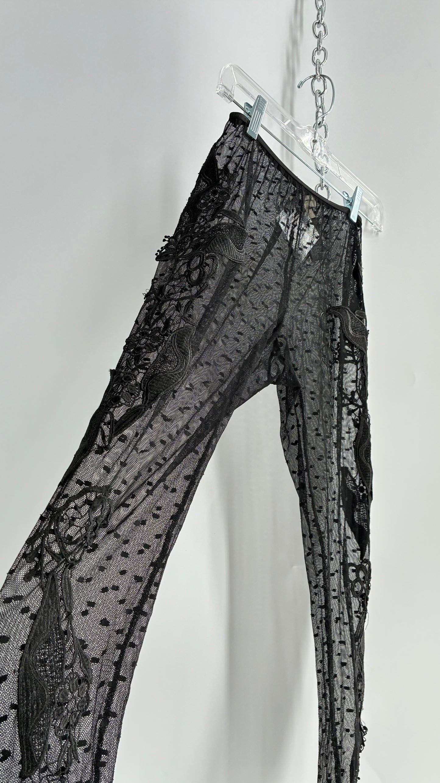 Staring at Stars Black Sheer Footless Tights with Lace Appliqué Design on Both Legs (XS)