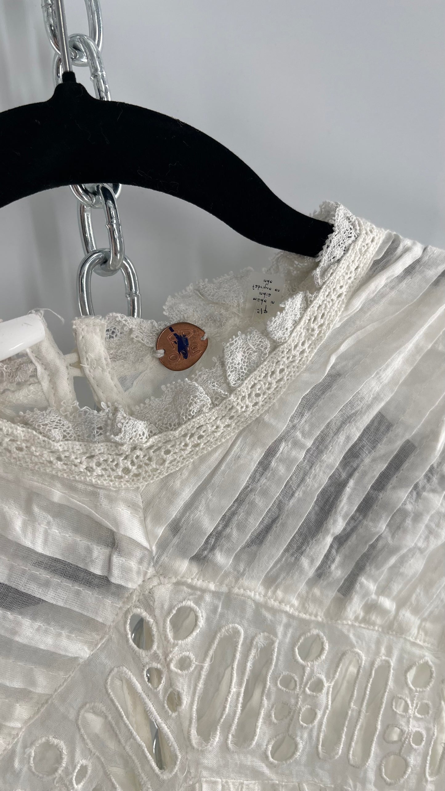 Free People White Cotton Eyelet Embroidered Lace Tank with Pleating, Buttoned and Slit Back (Small)