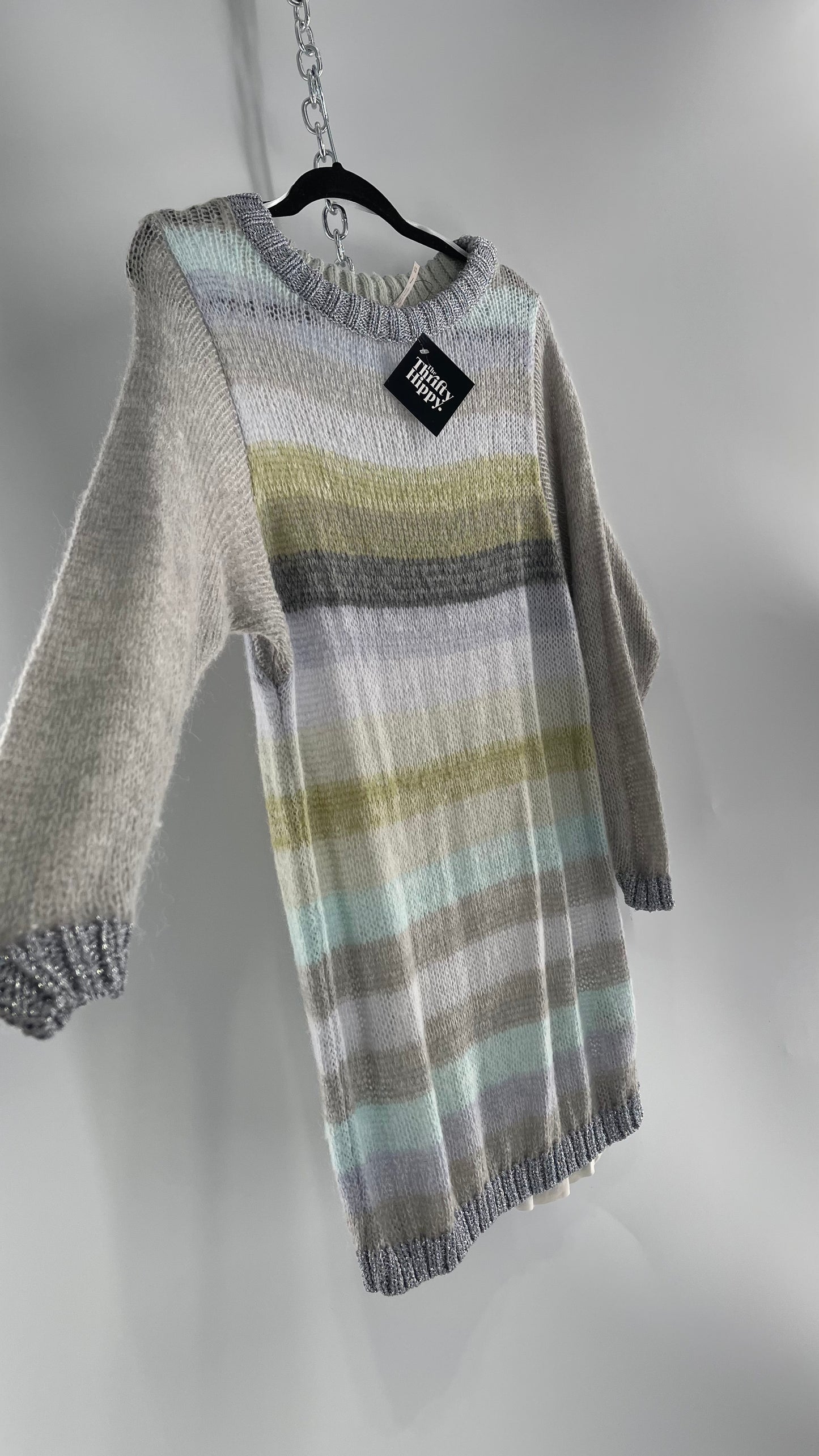 Free People Striped Sweater with Glitter Knit Cuffs and Collar (XS)