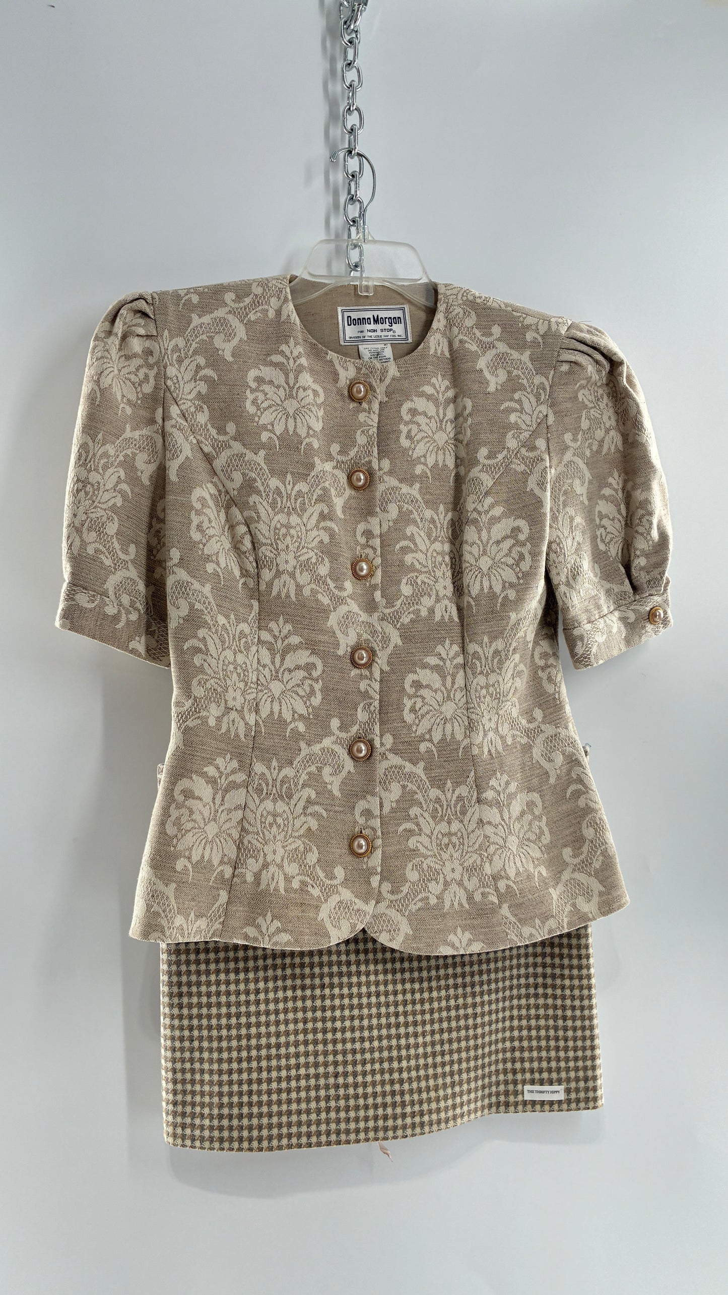 Vintage Suit Set with DONNA MORGAN Jacquard Puff Sleeves Tailored Slim Waist Suit Jacket with Upcycled Woven Mini Skirt (6)