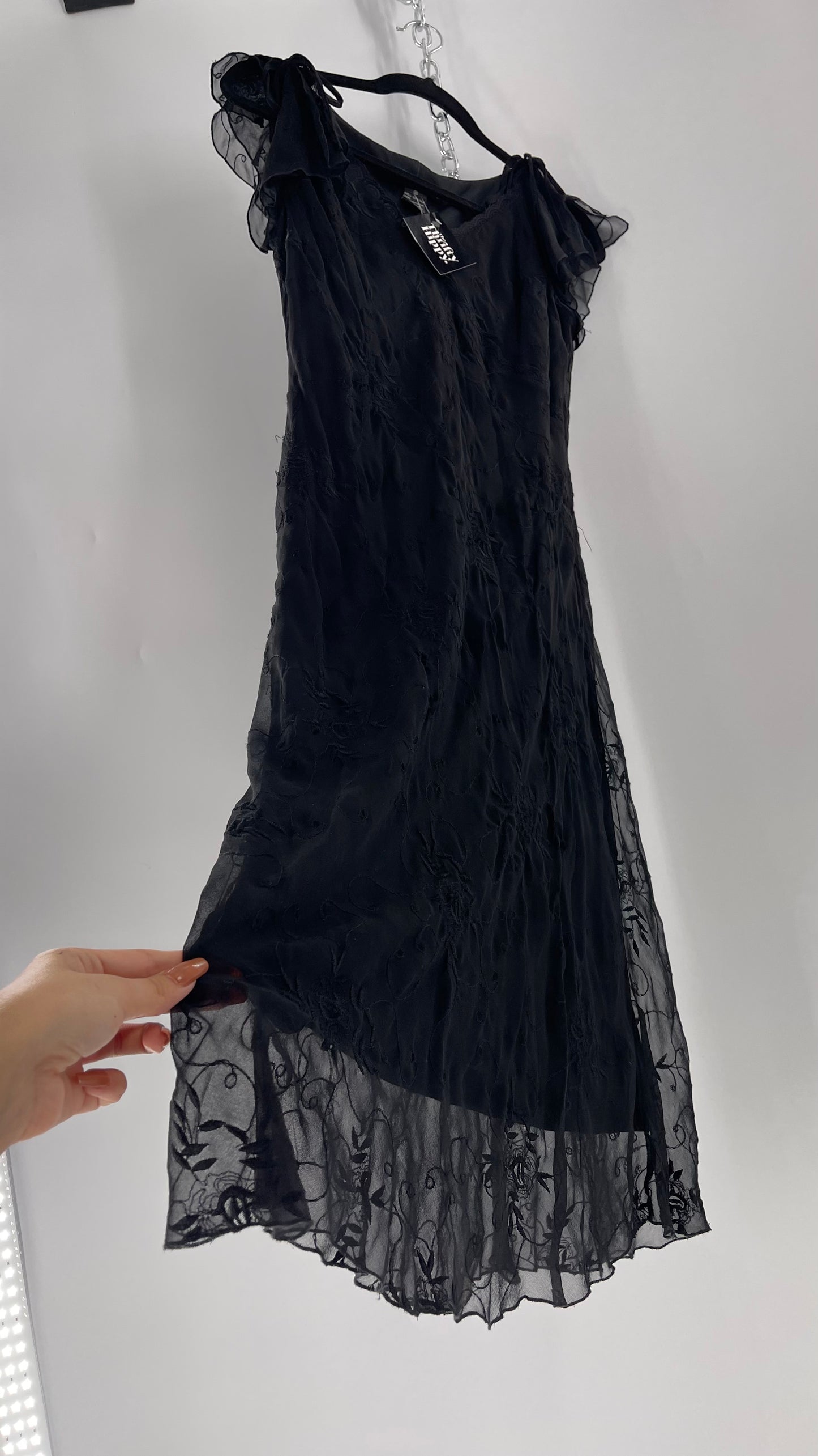 Vintage Jonathan Martin 100% Silk Black Embroidered MIDI Dress with Tie Shoulder Detail (10)