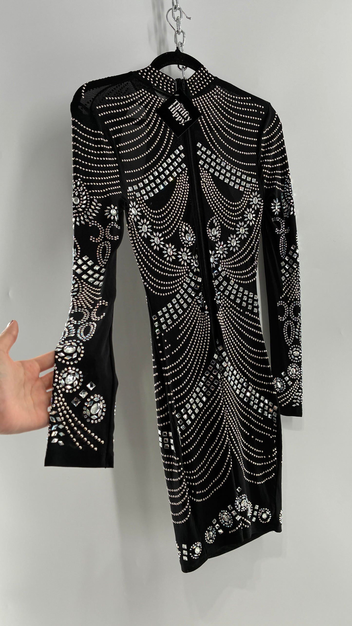 Black Bedazzled Mini Dress with Cut Out Details Covered in Gems (Small)