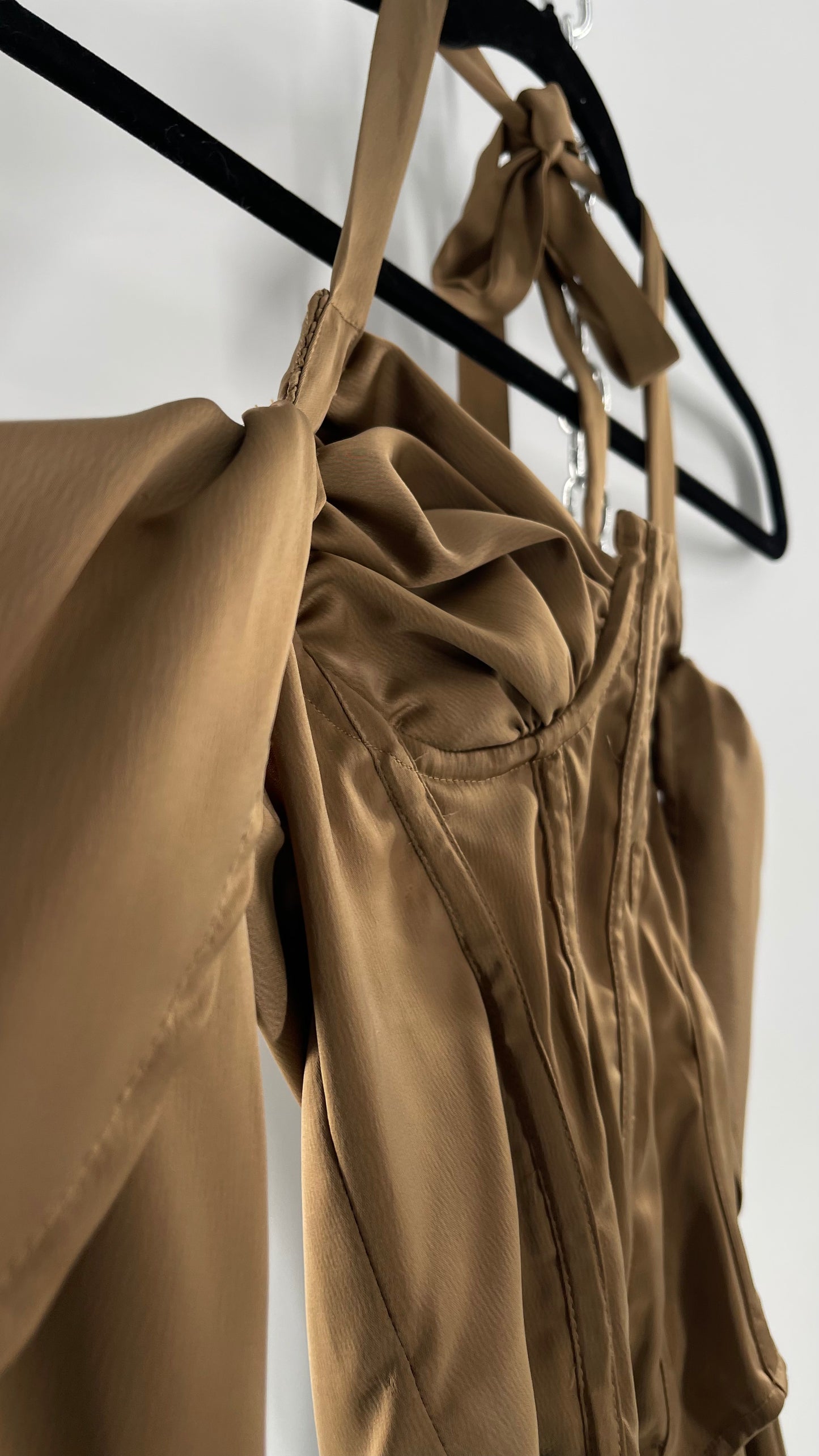 Pretty Little Thing Tan/Gold Corset Blouse with Draped Shoulders, Balloon Sleeves, Halter Strap and Lace Up Back (4)