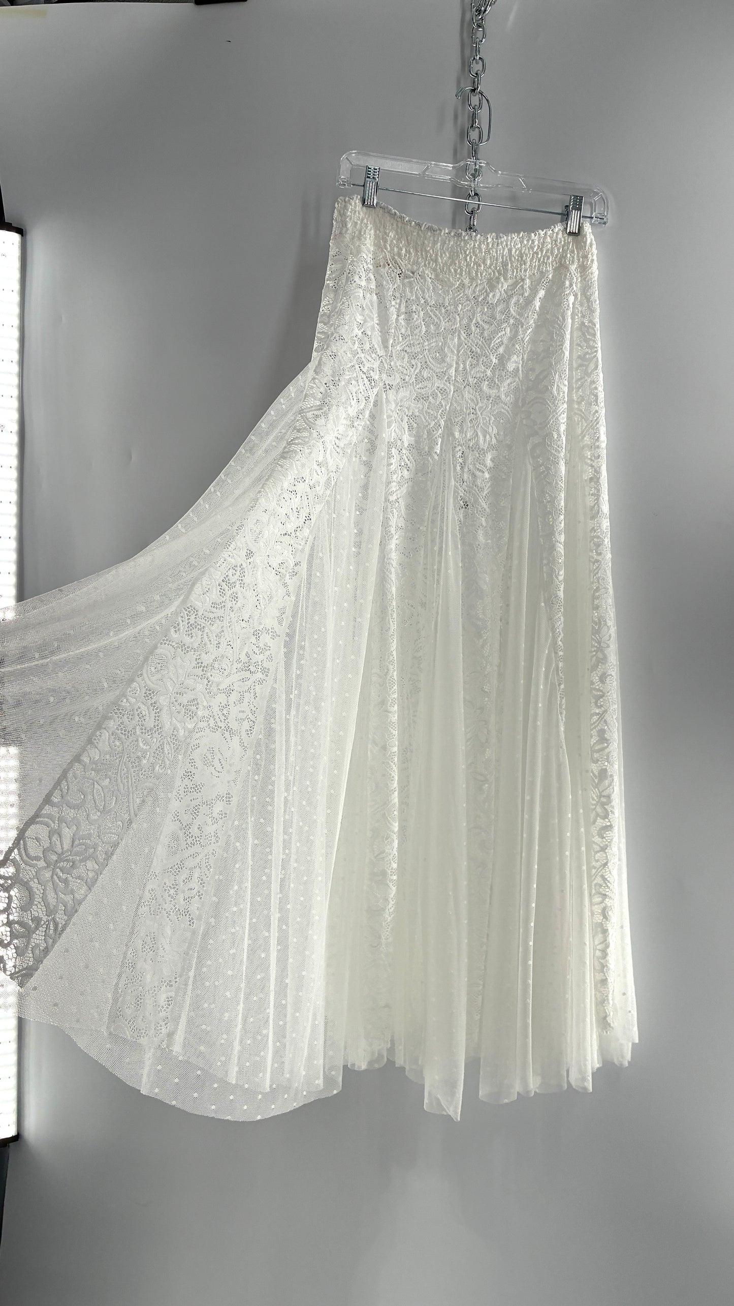 Intimately Free People White Lace and Polka Dot Mesh Voluminous Full Length Skirt (Medium)