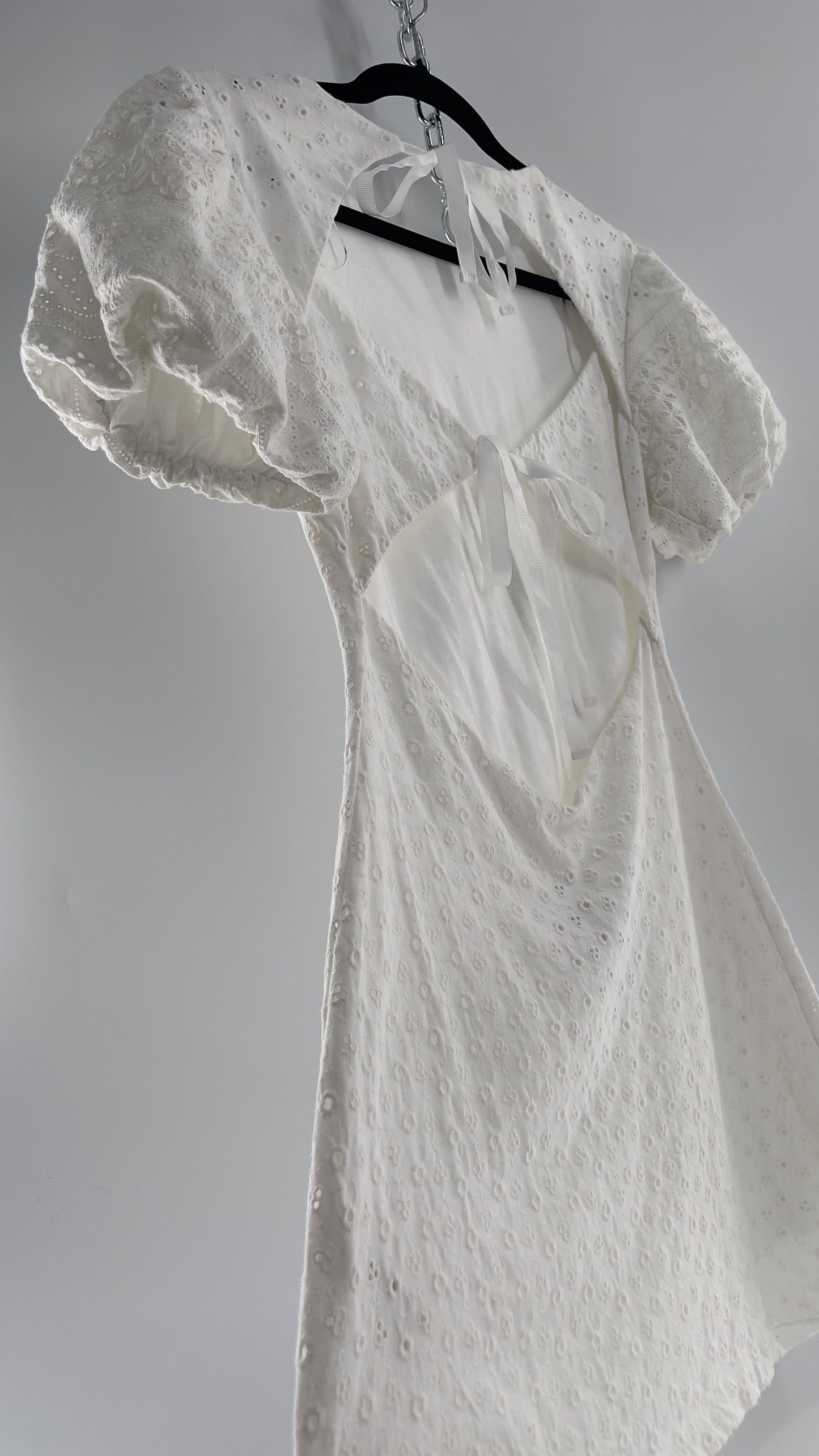 Free People White Eyelet Mini Dress with Puff Sleeve and Open Back (XS)