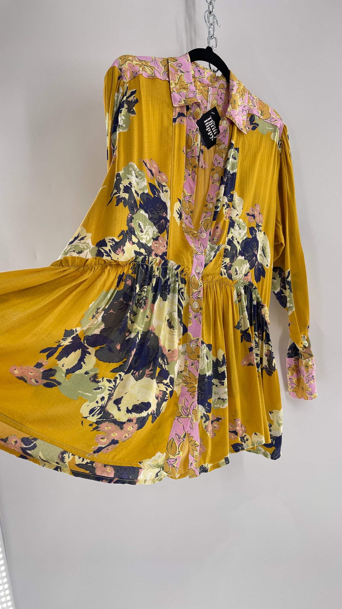 Free People Oversized Button Up Contrast Pattern Yellow Floral Blouse (XS)