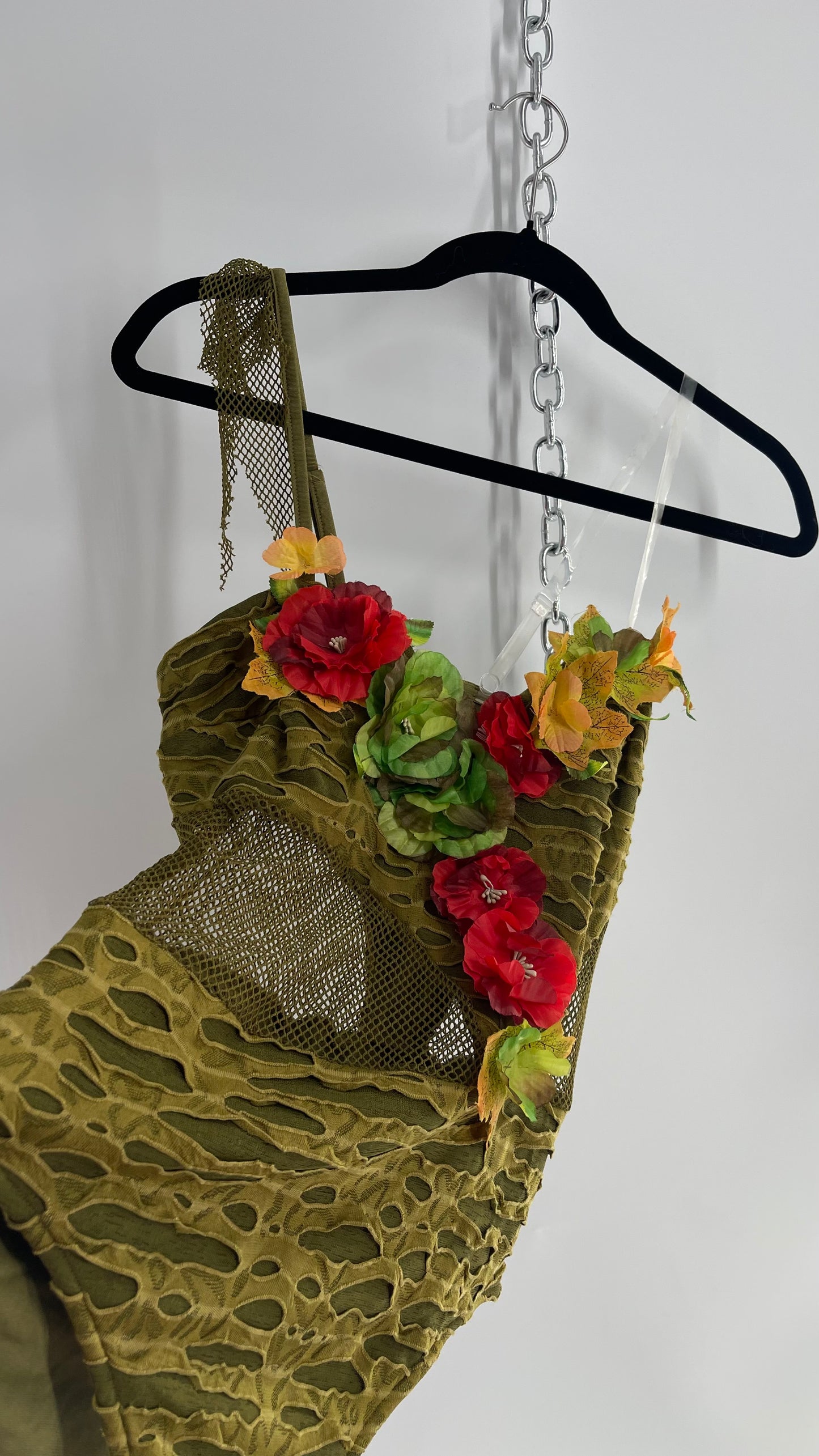 Vintage Fairy Nature Nymph Bodysuit with Flower Appliqués (S/M)