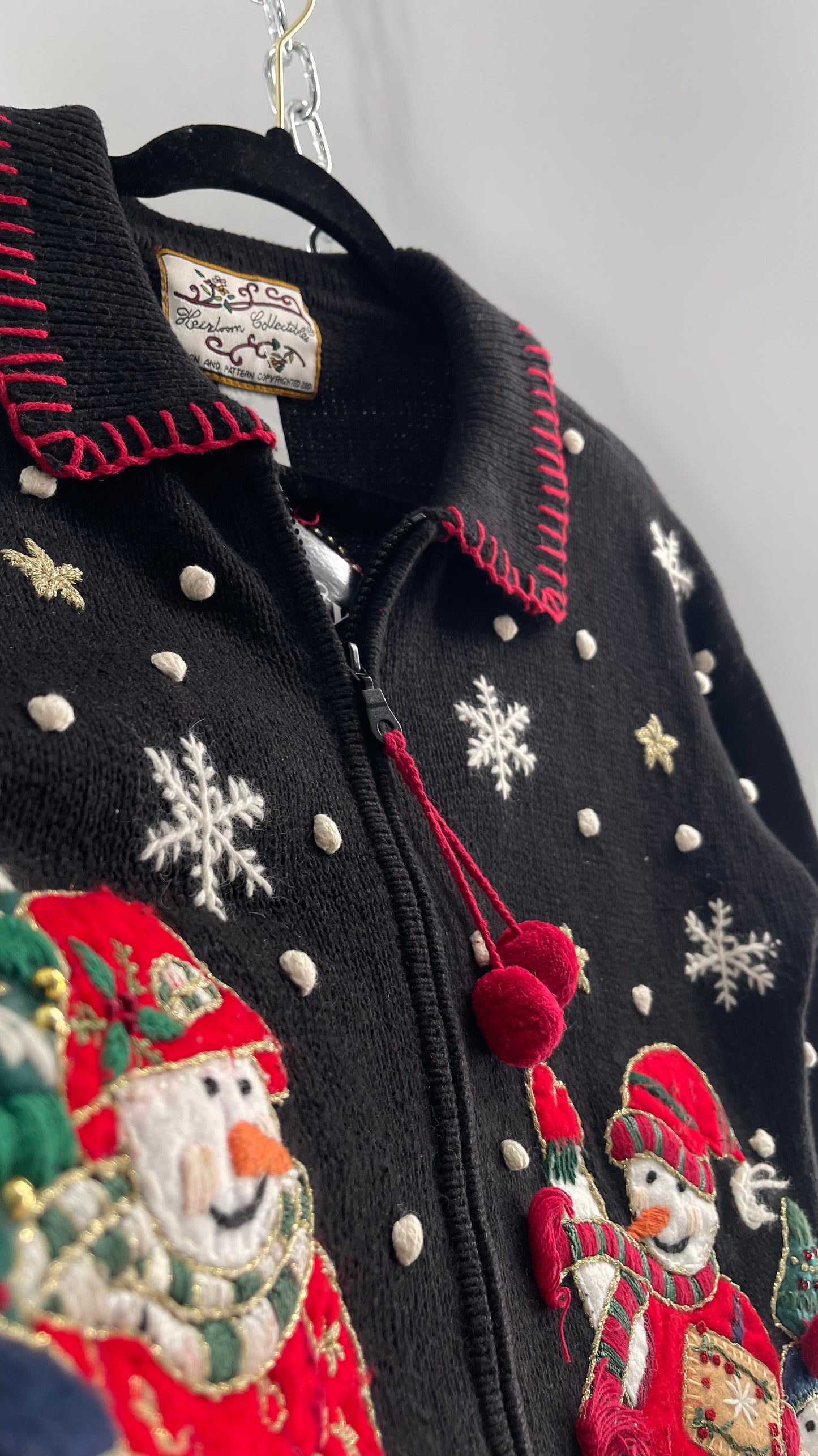 Vintage Reworked Urban Outfitters Heirloom Christmas Cardigan with Festive Snowmen Embroidery, Snowflakes, Christmas Tree and PomPom Zipper Detail (S)