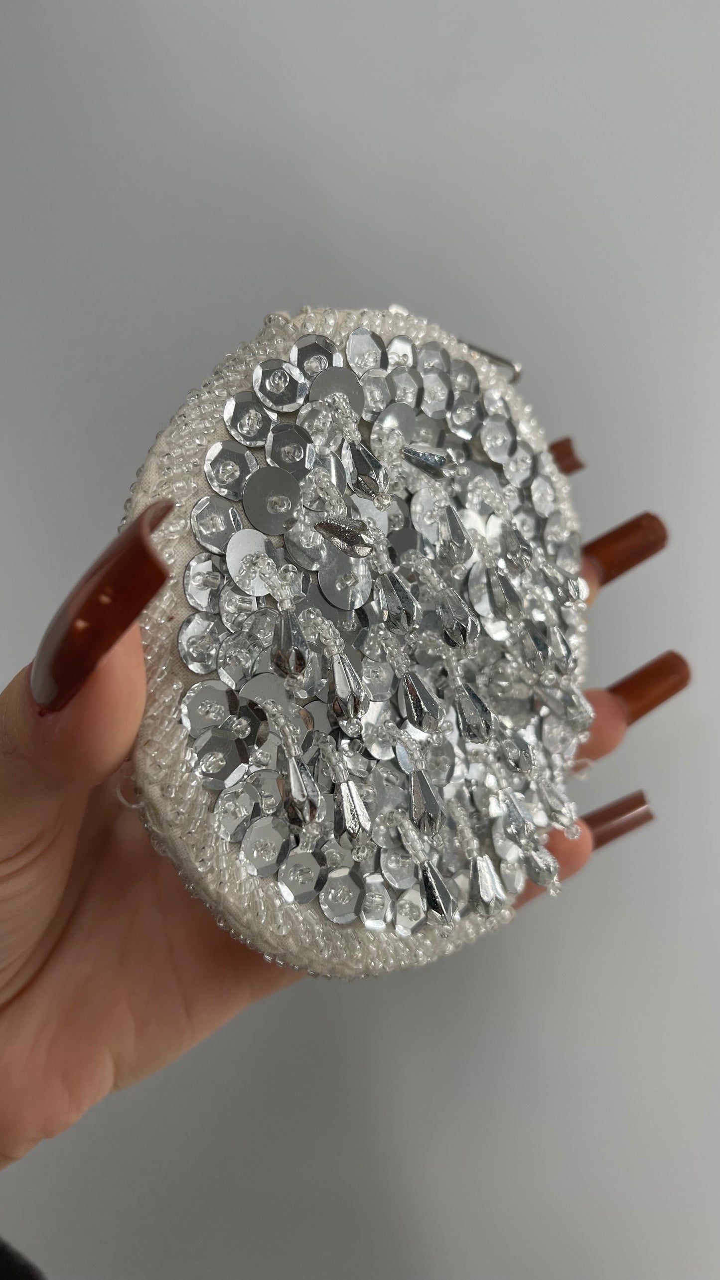 Silver Sequin Tear Drop Beading Round Coin Pouch