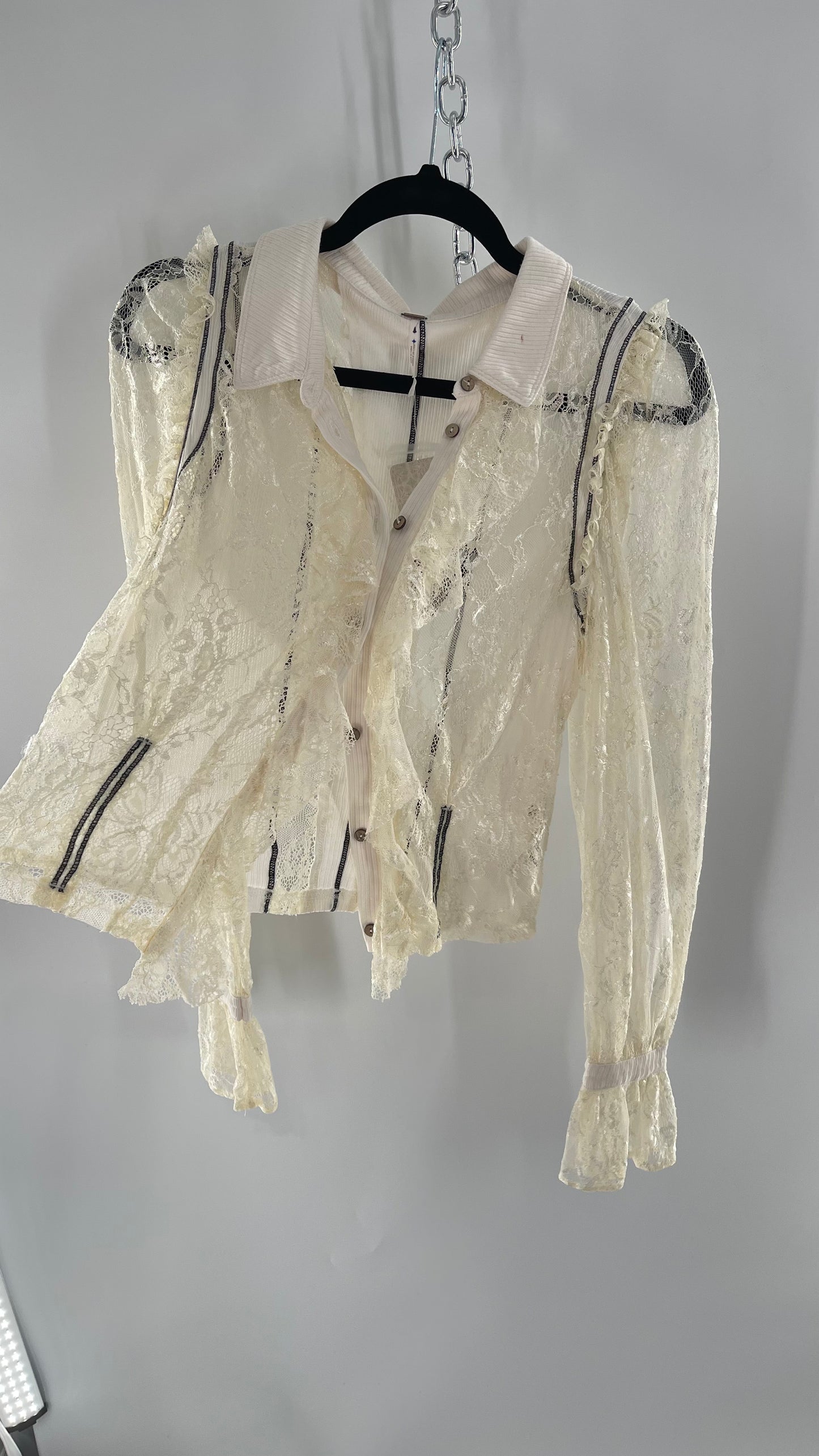 Free People White Lace/Ribbed BodyCon Button Up with Tags Attached (Large)
