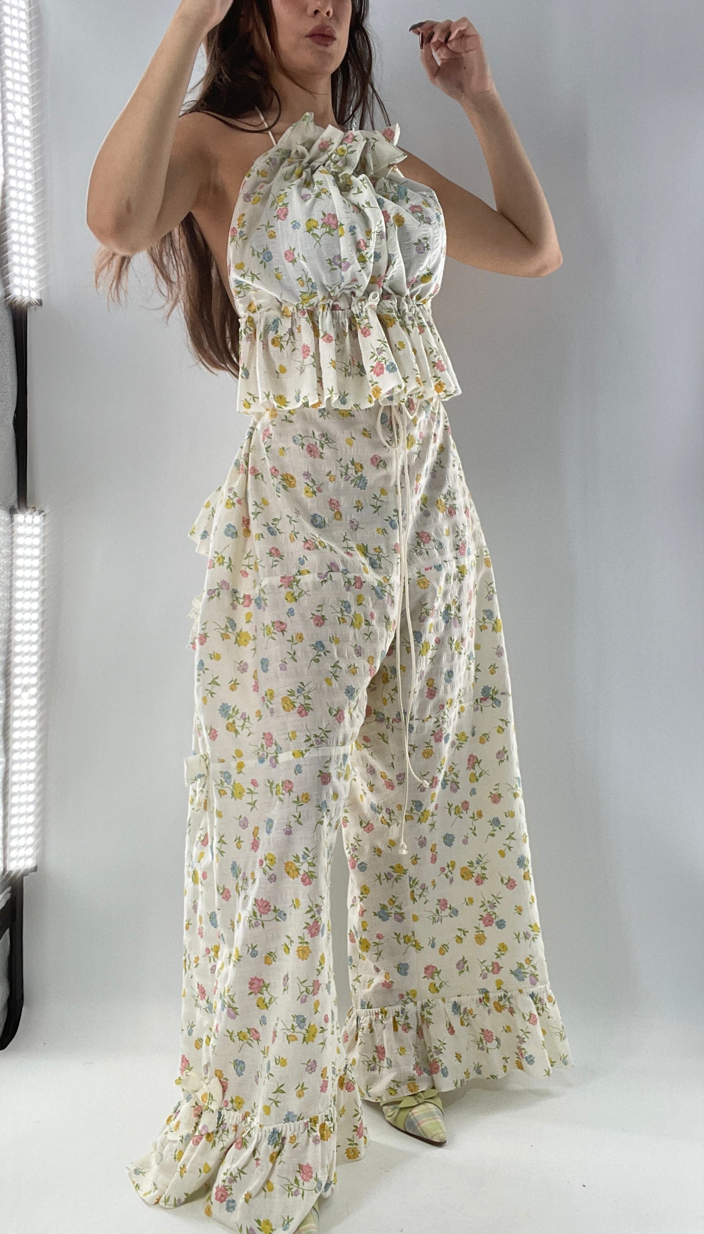 Vintage 2 Piece Floral Babydoll Set with Adjustable Top and Adjustable Pants Featuring Bow Sides and Ruffles Bum (One Size)