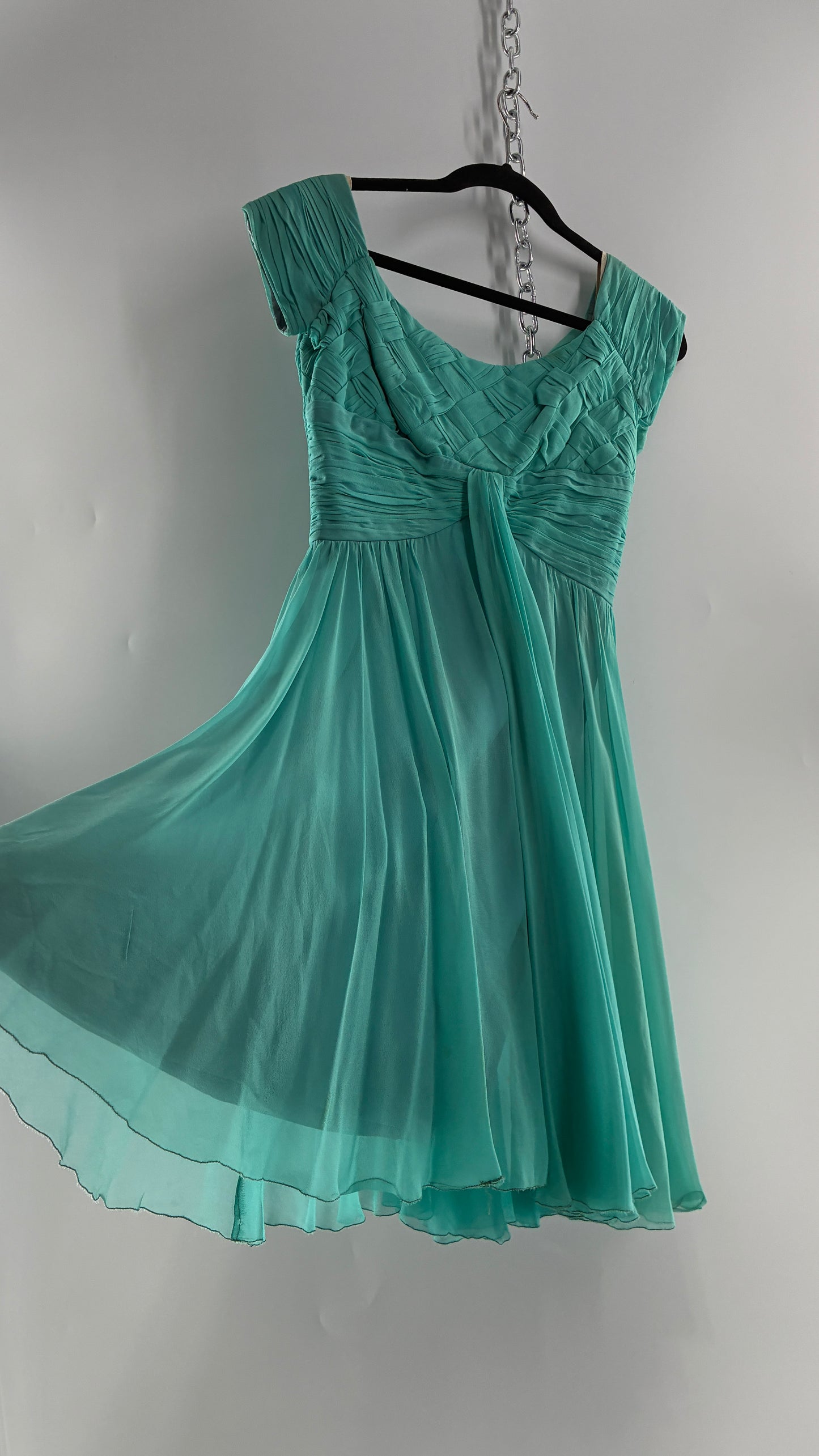 Vintage Teal Handmade Mini Dress with Pleated Basket Woven Bust (XS)