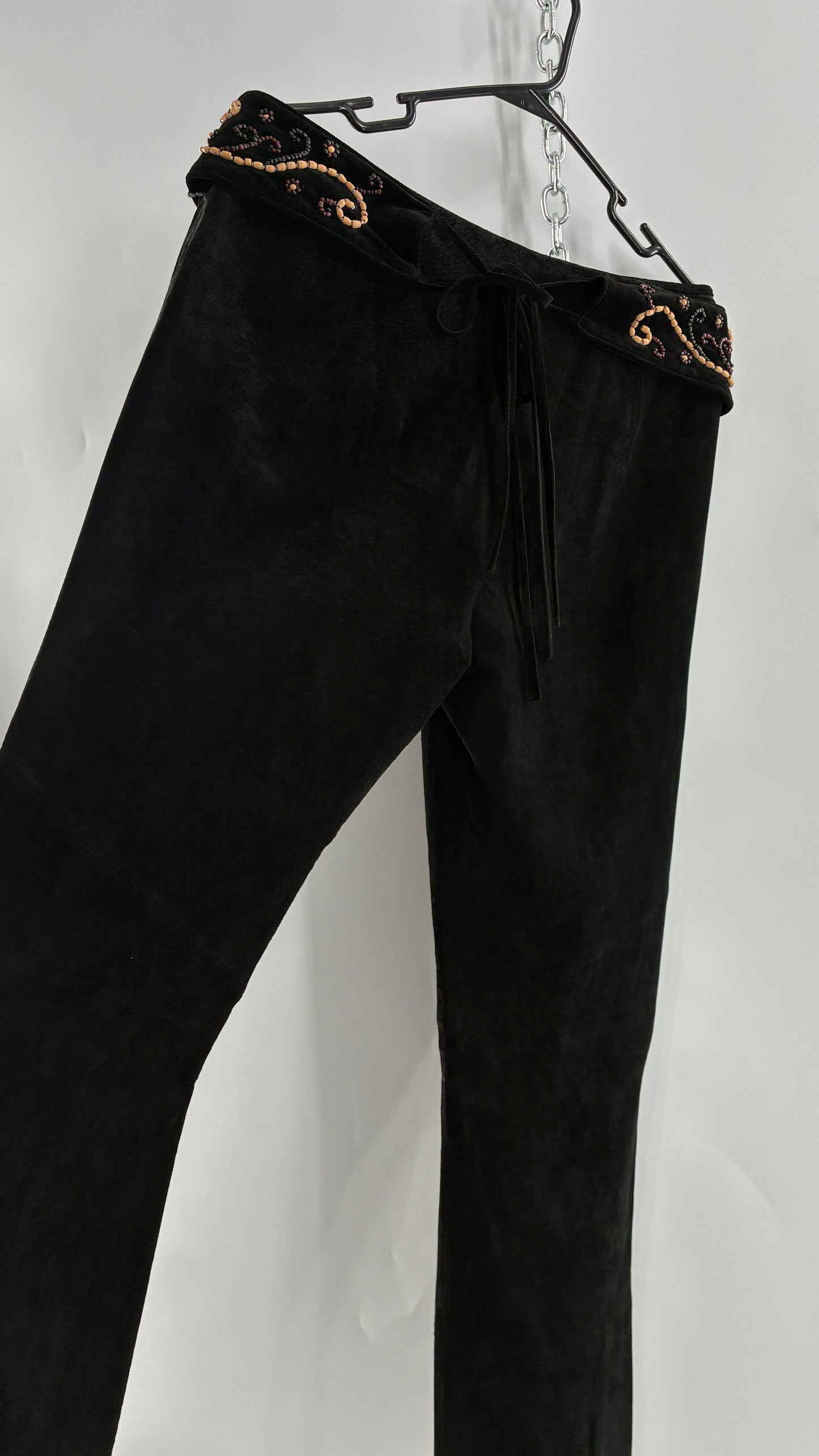 Vintage Margaret Godfrey Black Genuine Suede Leather Kick Flares with Wide Beaded Belt (10)